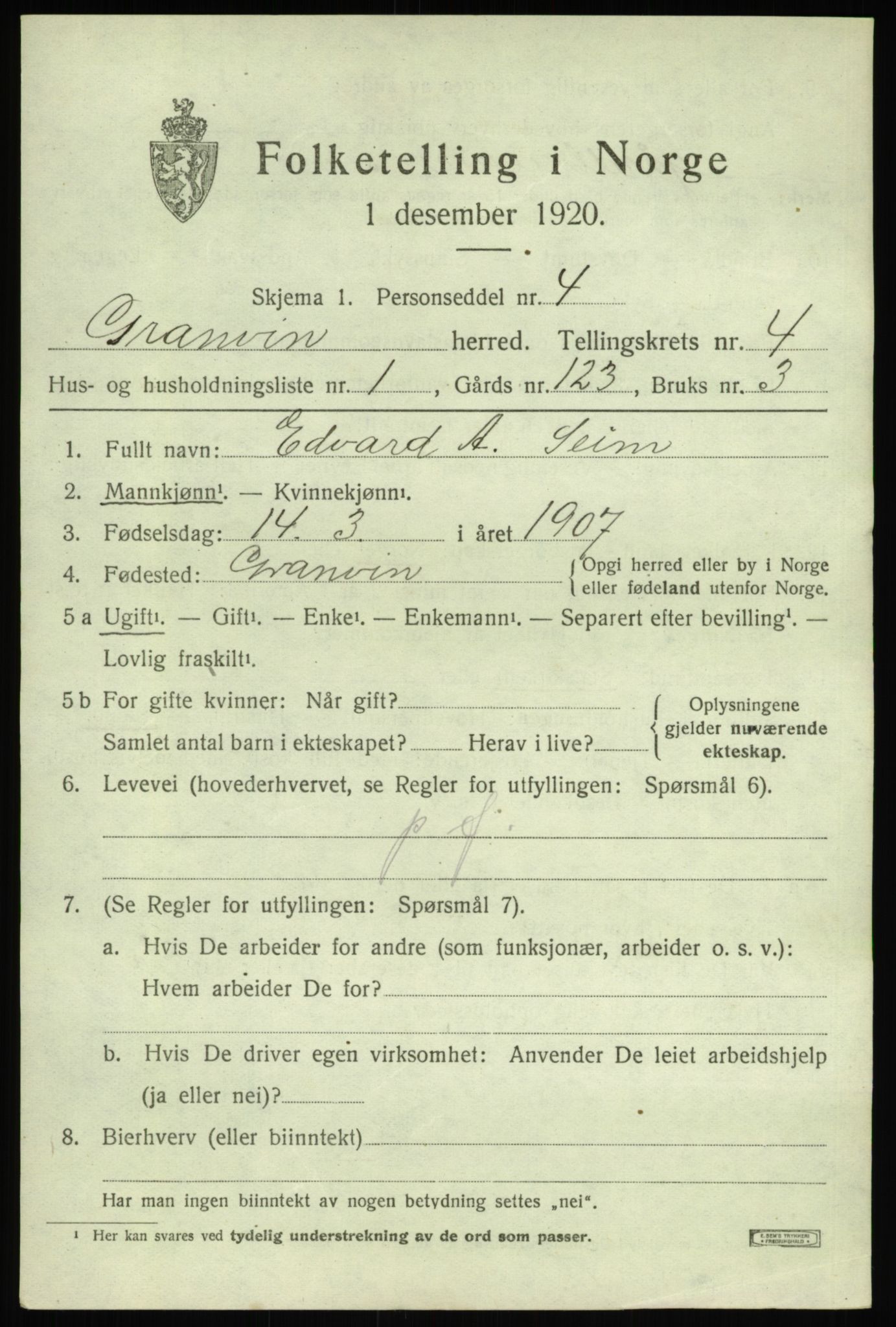 SAB, 1920 census for Granvin, 1920, p. 1548