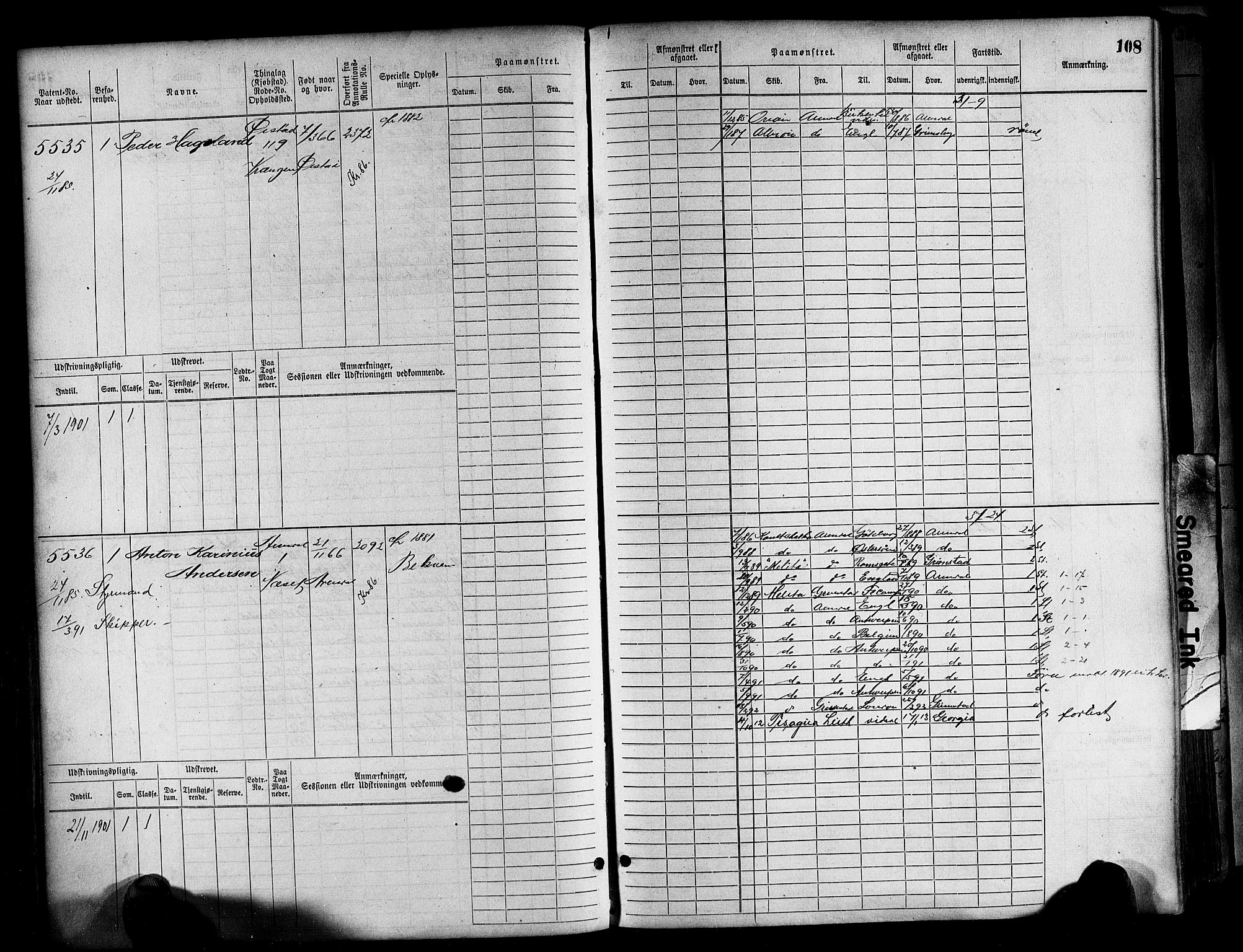 Arendal mønstringskrets, AV/SAK-2031-0012/F/Fb/L0017: Hovedrulle A nr 5323-6076, S-15, 1884-1892, p. 108