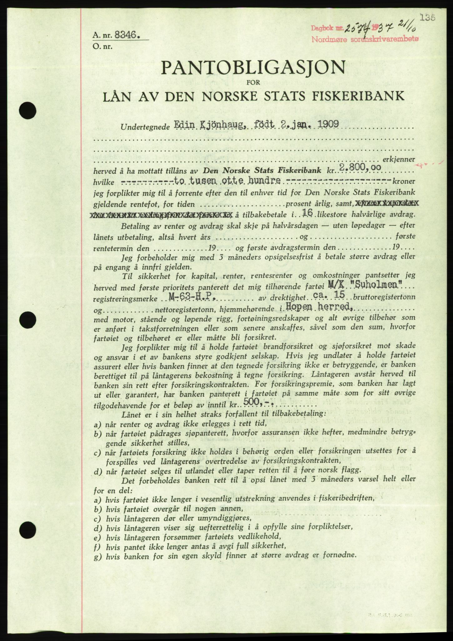 Nordmøre sorenskriveri, AV/SAT-A-4132/1/2/2Ca/L0092: Mortgage book no. B82, 1937-1938, Diary no: : 2574/1937