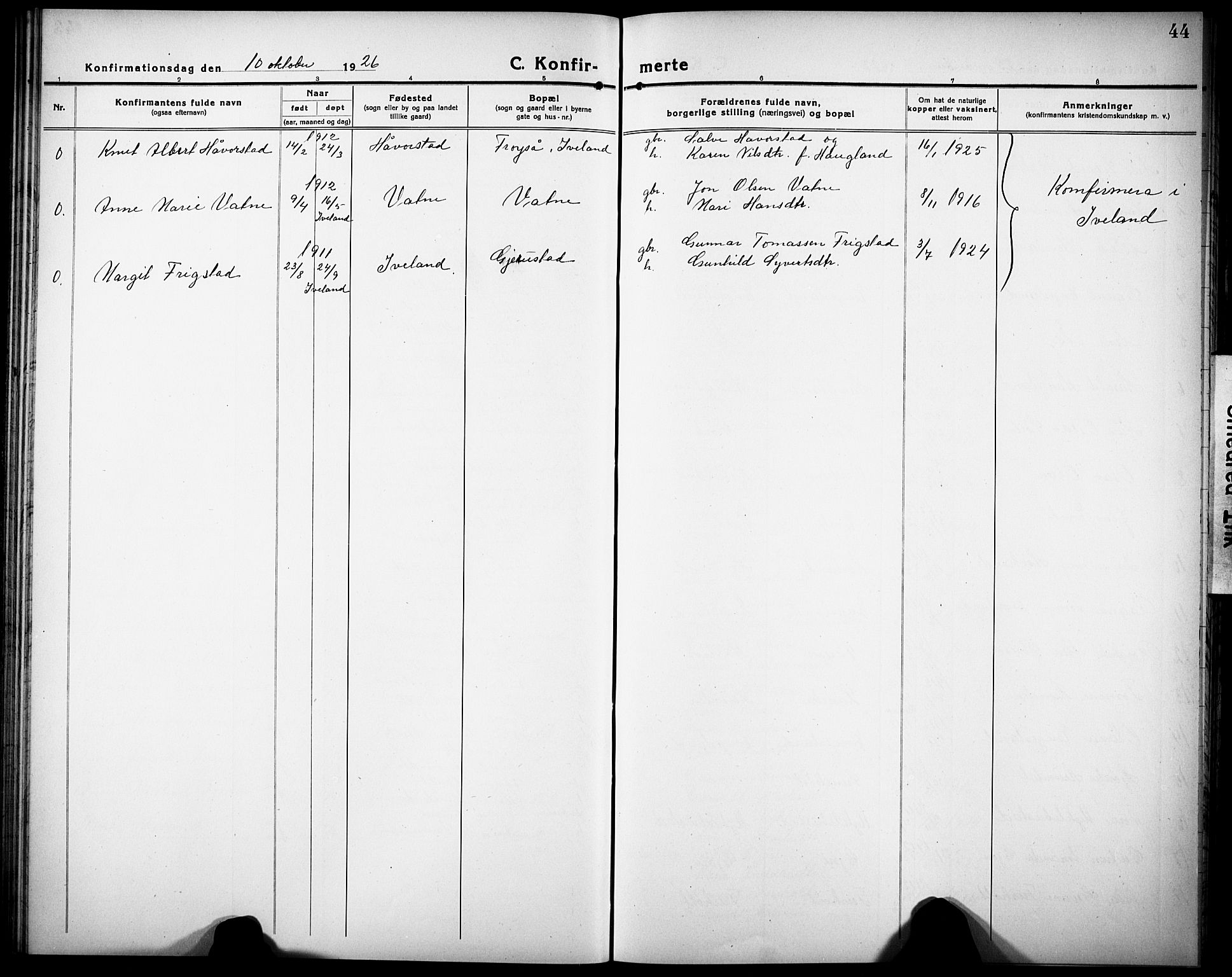 Herefoss sokneprestkontor, AV/SAK-1111-0019/F/Fb/Fbb/L0004: Parish register (copy) no. B 4, 1917-1933, p. 44