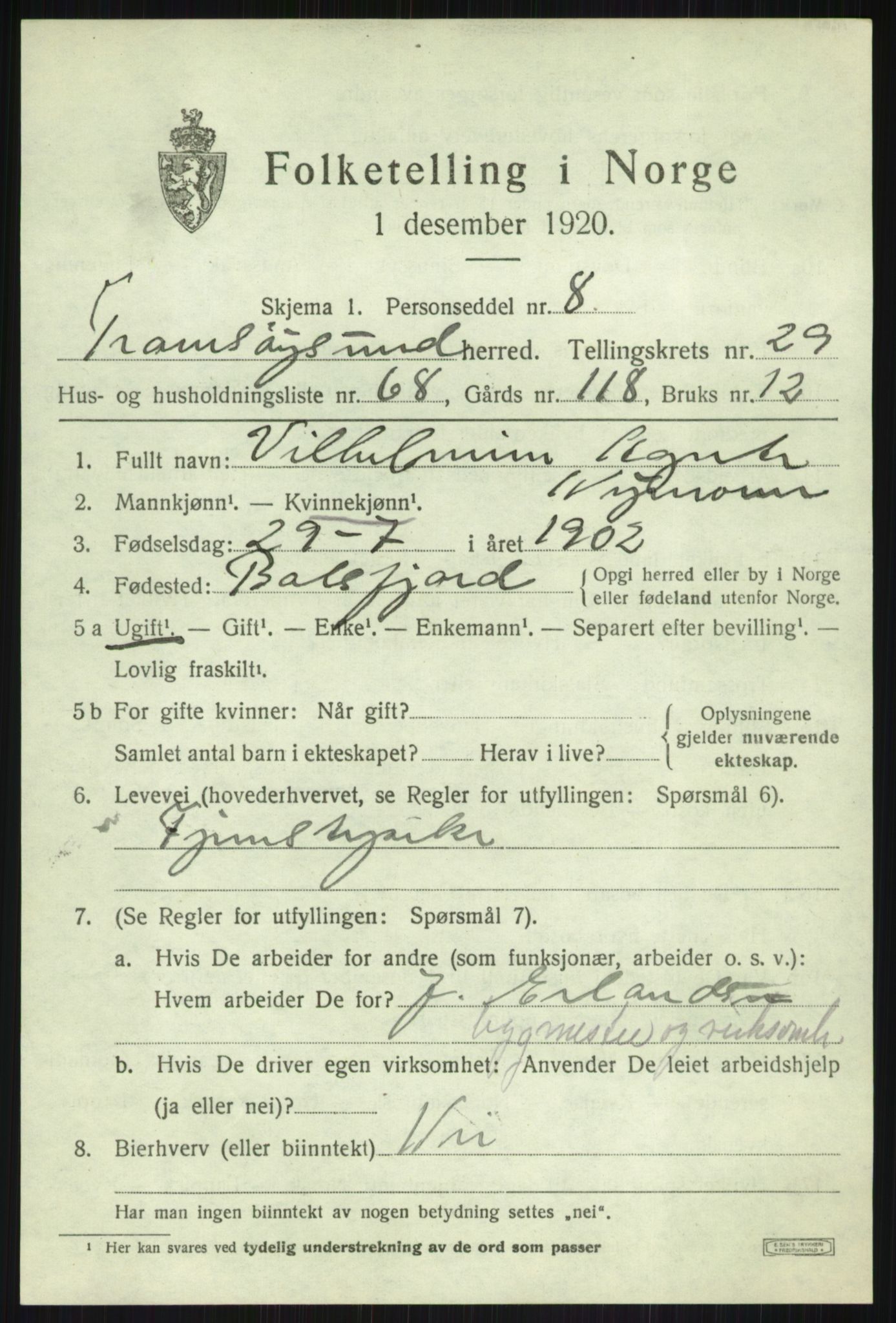 SATØ, 1920 census for Tromsøysund, 1920, p. 14216