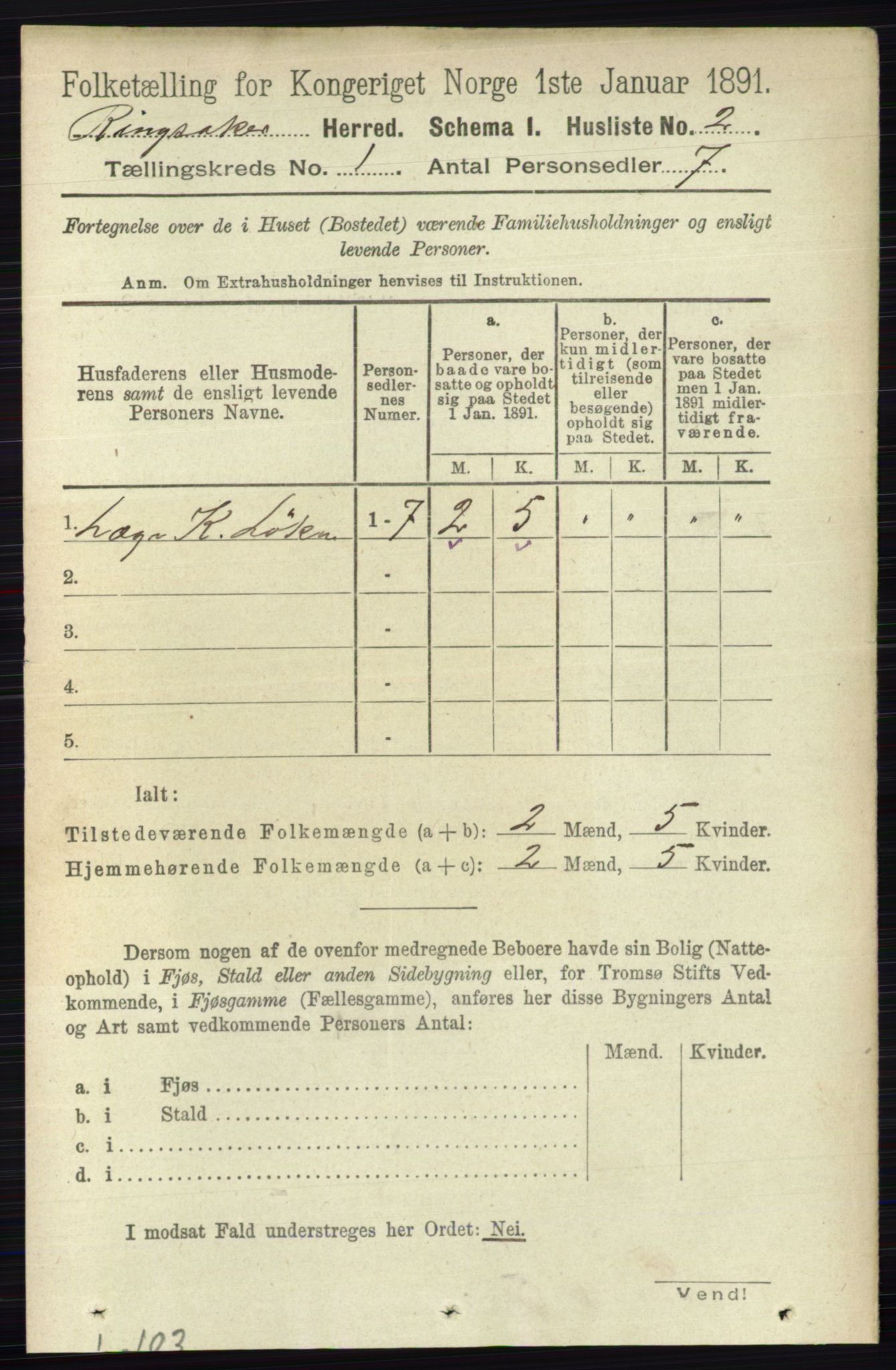 RA, 1891 census for 0412 Ringsaker, 1891, p. 68