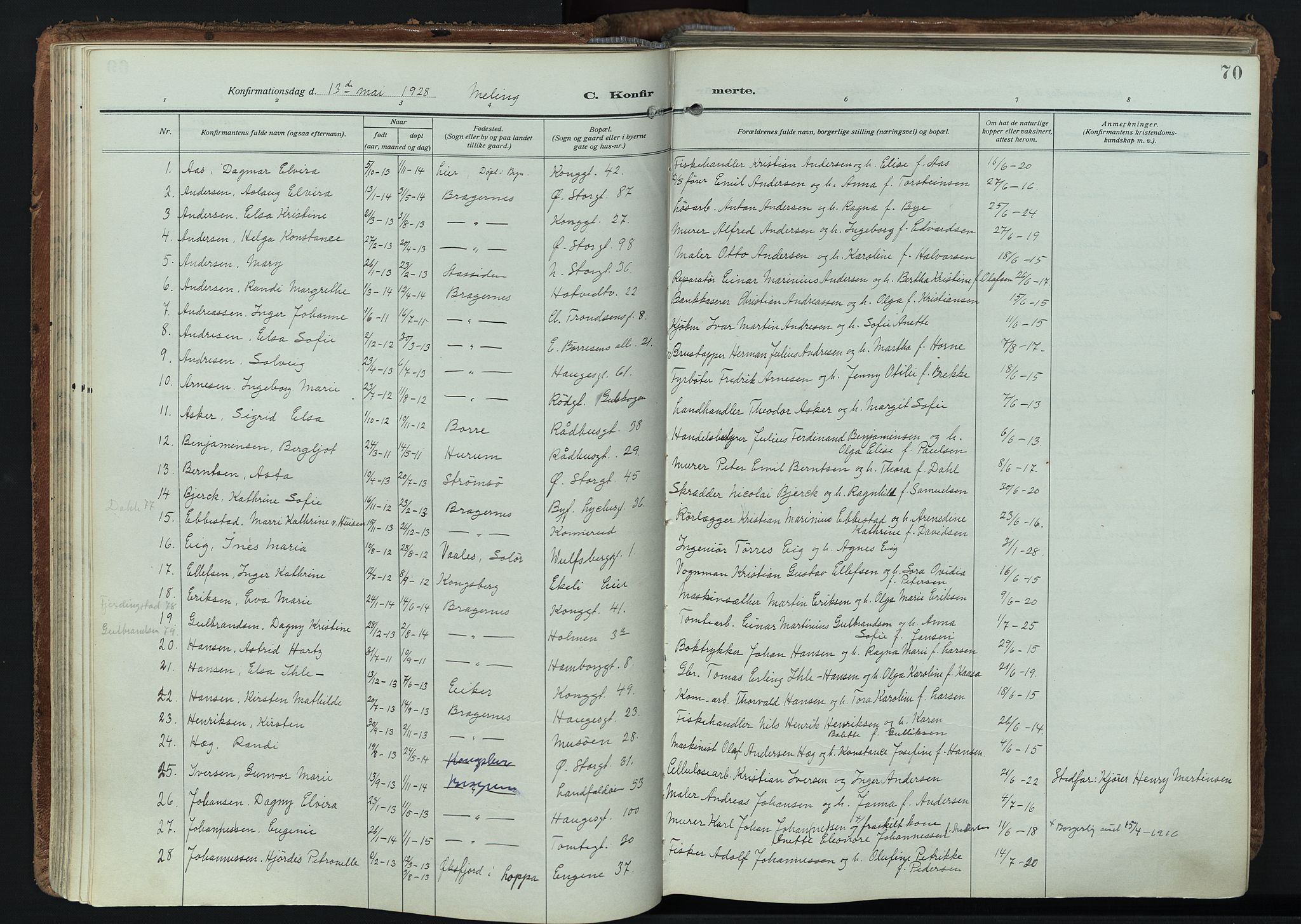 Bragernes kirkebøker, SAKO/A-6/F/Fc/L0009: Parish register (official) no. III 9, 1921-1939, p. 70