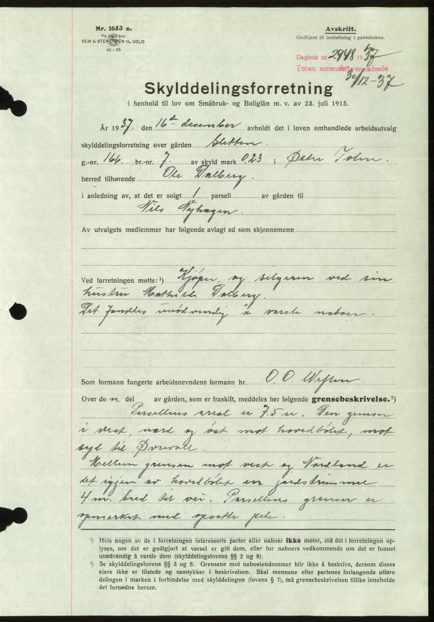 Toten tingrett, SAH/TING-006/H/Hb/Hbc/L0003: Mortgage book no. Hbc-03, 1937-1938, Diary no: : 2948/1937