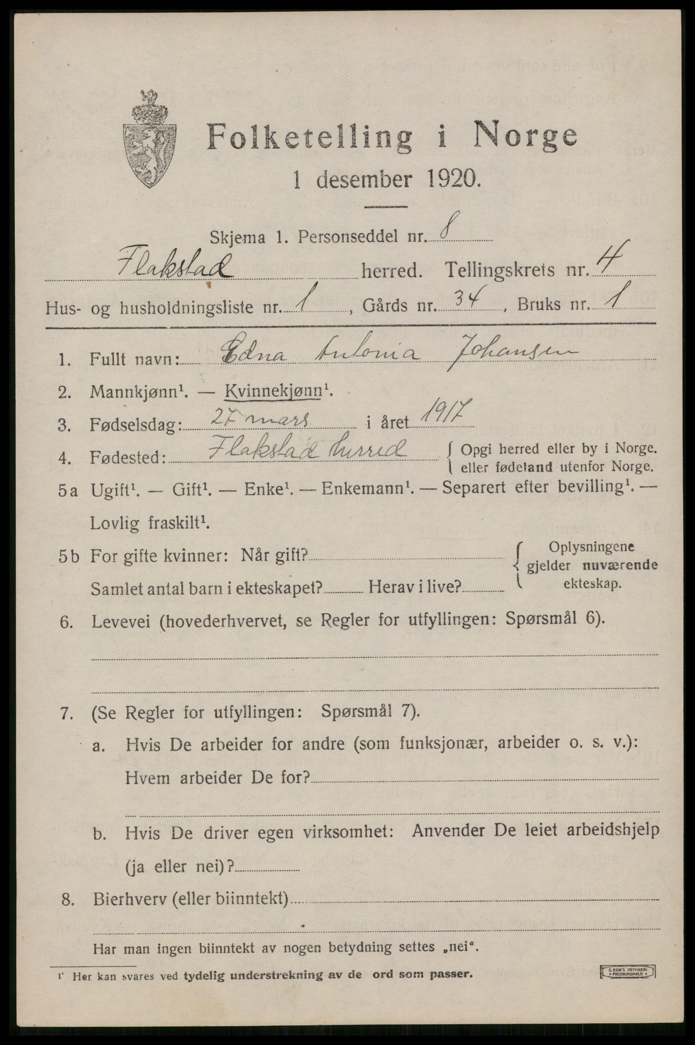 SAT, 1920 census for Flakstad, 1920, p. 2837