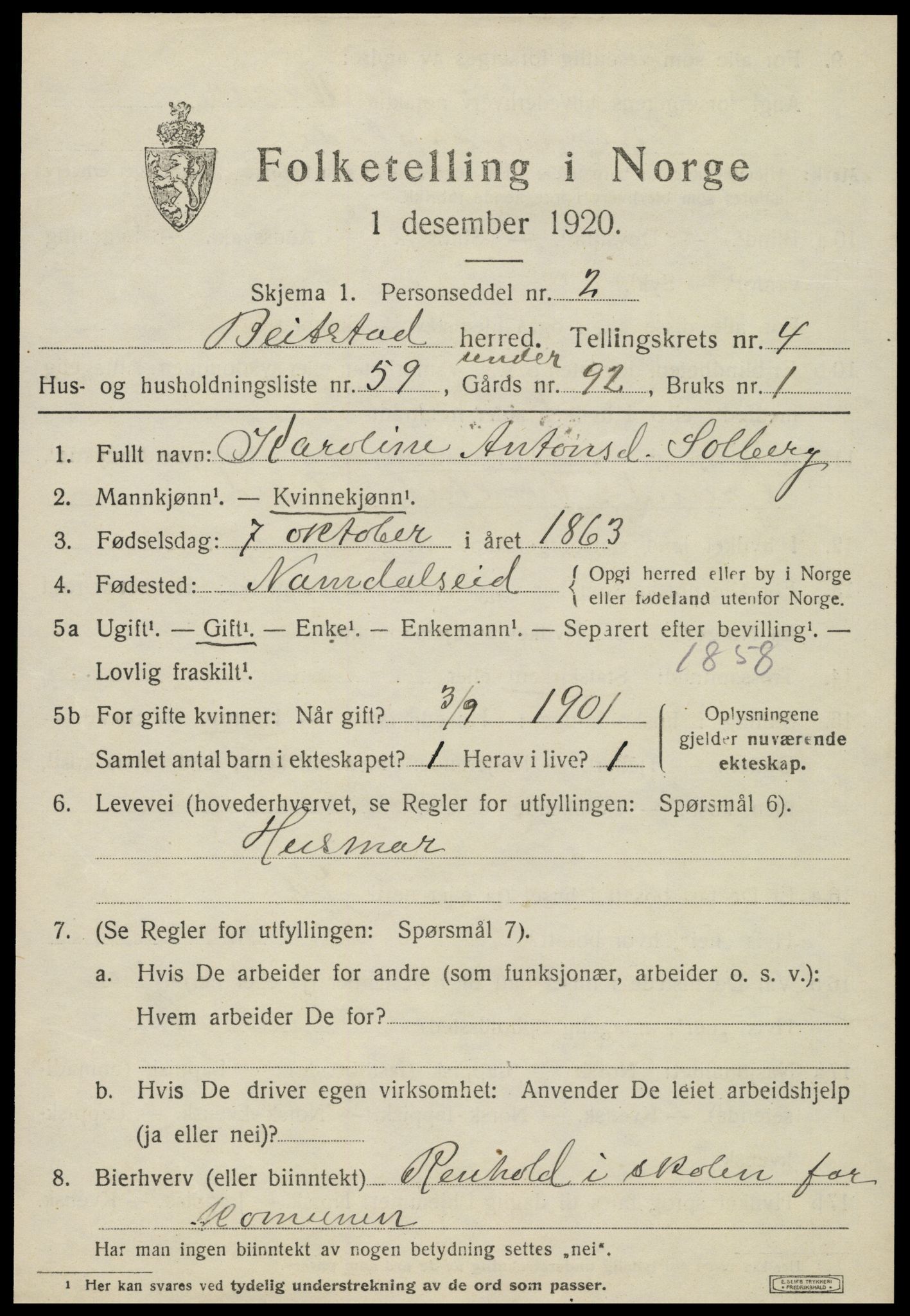 SAT, 1920 census for Beitstad, 1920, p. 3627