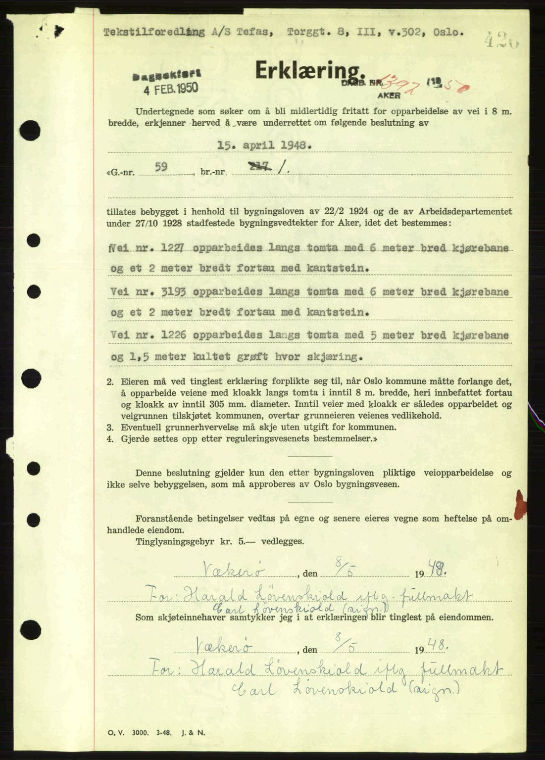 Oslo byskriverembete, AV/SAO-A-10227/G/Gb/Gbd/Gbda/L0017: Mortgage book no. A215, 1949-1950, Diary no: : 1392/1950