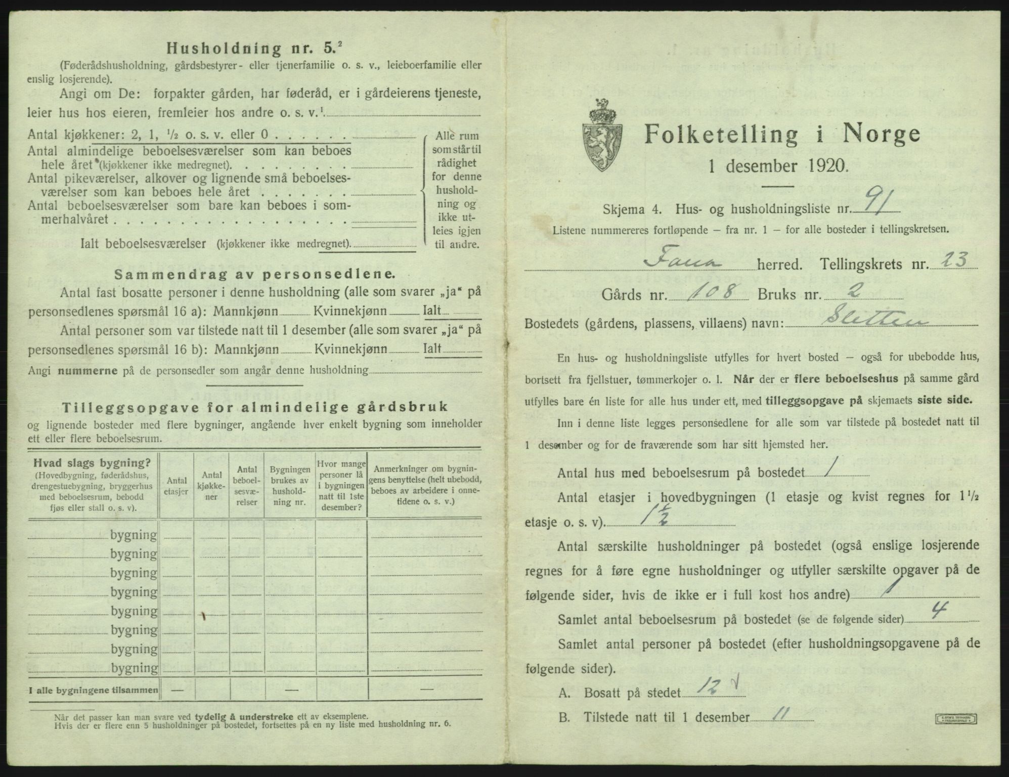 SAB, 1920 census for Fana, 1920, p. 3504