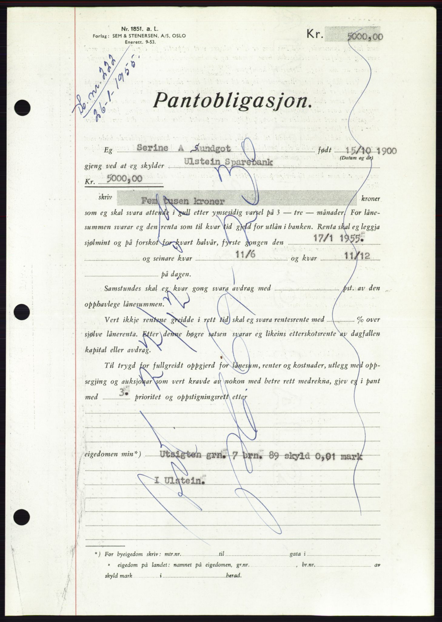 Søre Sunnmøre sorenskriveri, AV/SAT-A-4122/1/2/2C/L0126: Mortgage book no. 14B, 1954-1955, Diary no: : 222/1955