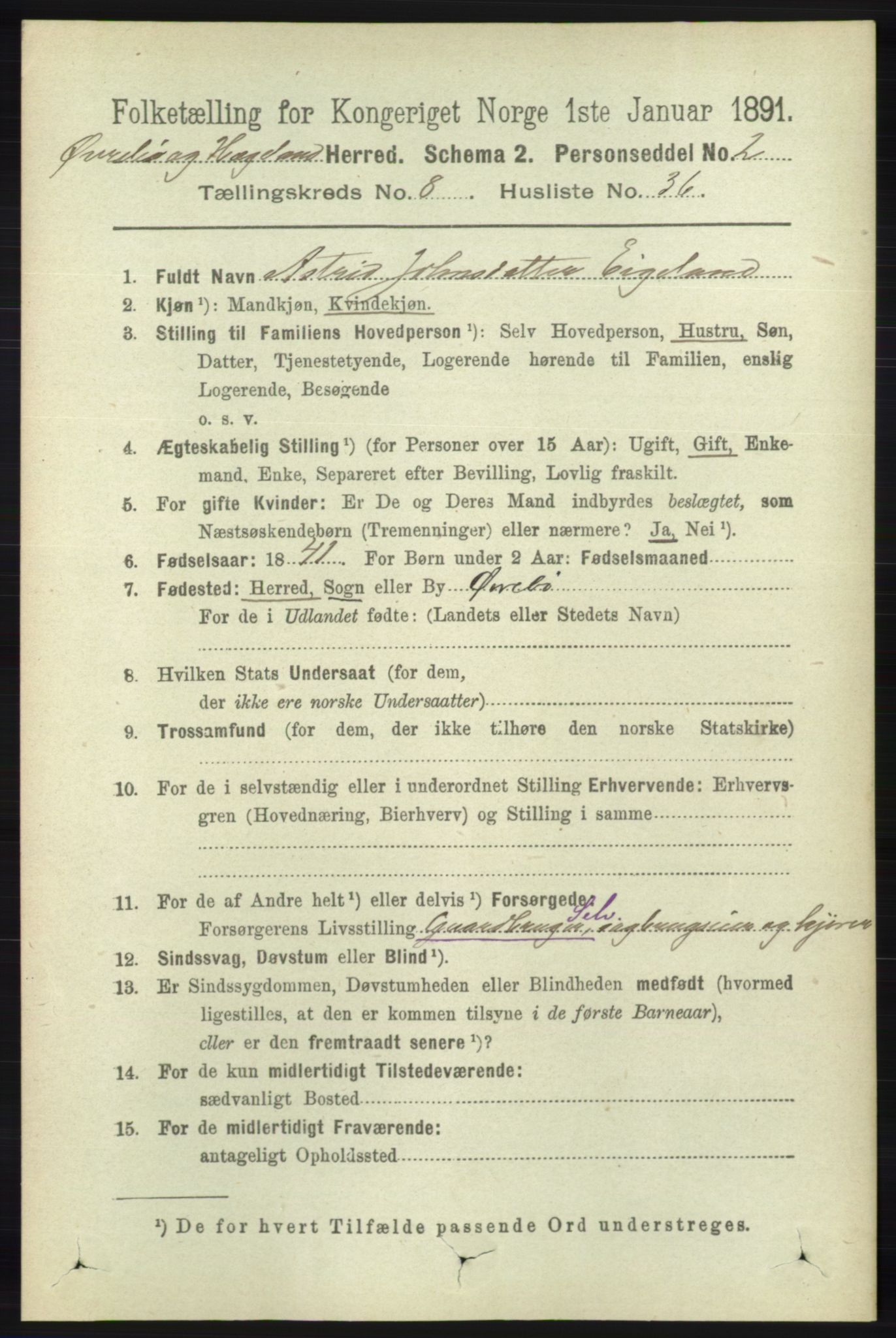 RA, 1891 census for 1016 Øvrebø og Hægeland, 1891, p. 1668