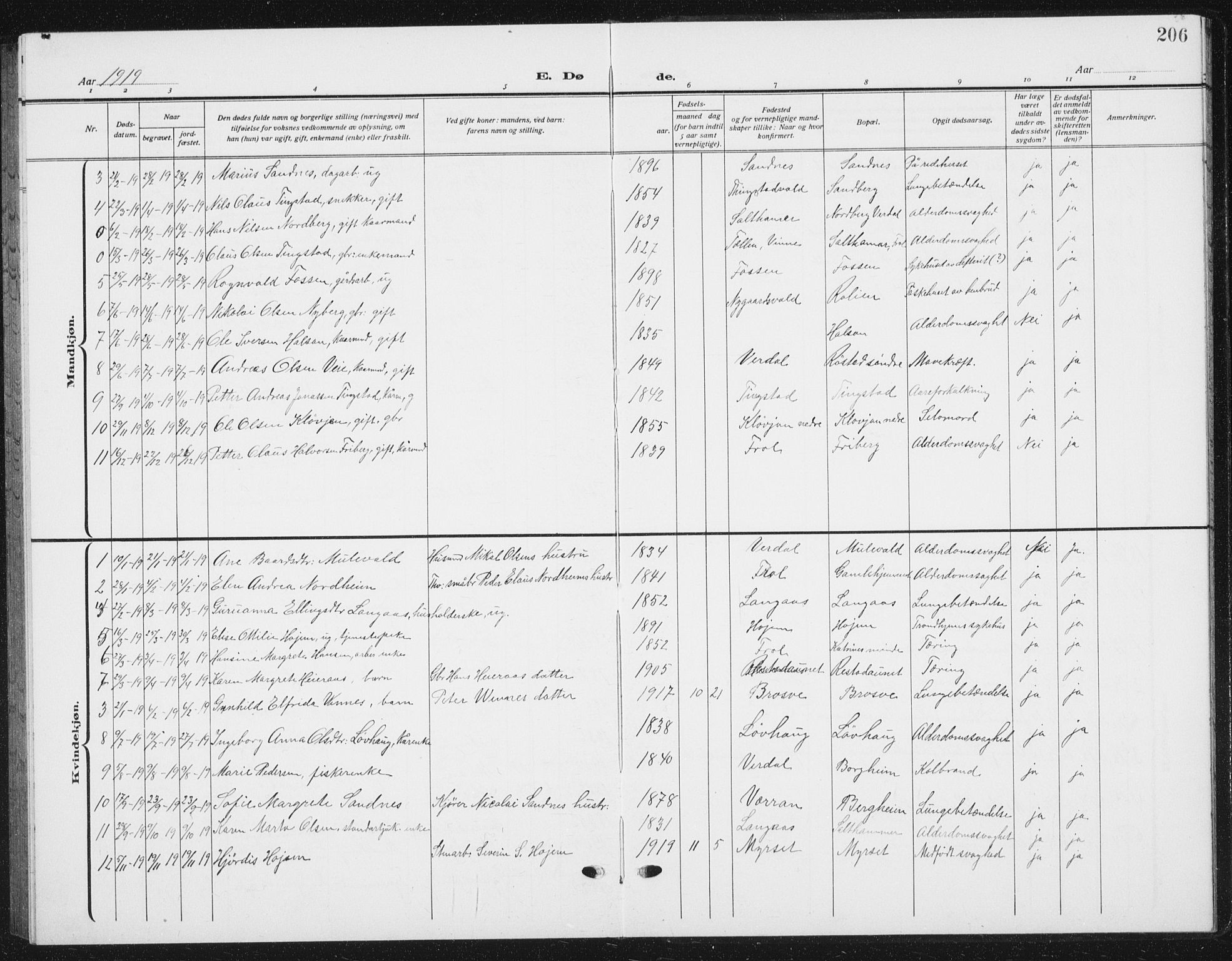 Ministerialprotokoller, klokkerbøker og fødselsregistre - Nord-Trøndelag, SAT/A-1458/721/L0209: Parish register (copy) no. 721C02, 1918-1940, p. 206