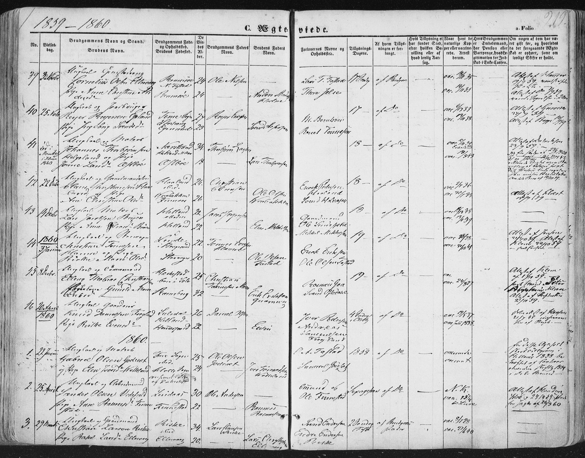 Hetland sokneprestkontor, AV/SAST-A-101826/30/30BA/L0002: Parish register (official) no. A 2, 1849-1869, p. 219