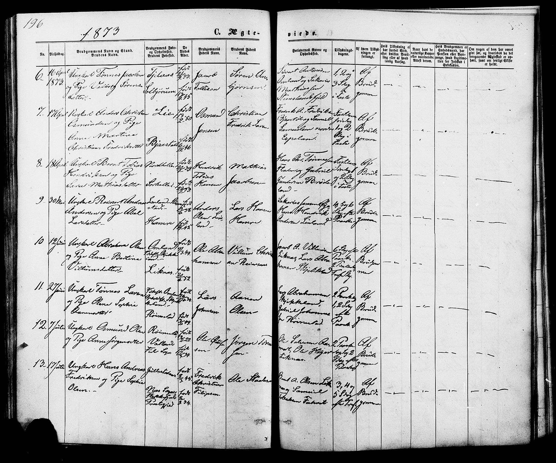 Kvinesdal sokneprestkontor, AV/SAK-1111-0026/F/Fa/Fab/L0007: Parish register (official) no. A 7, 1870-1885, p. 196