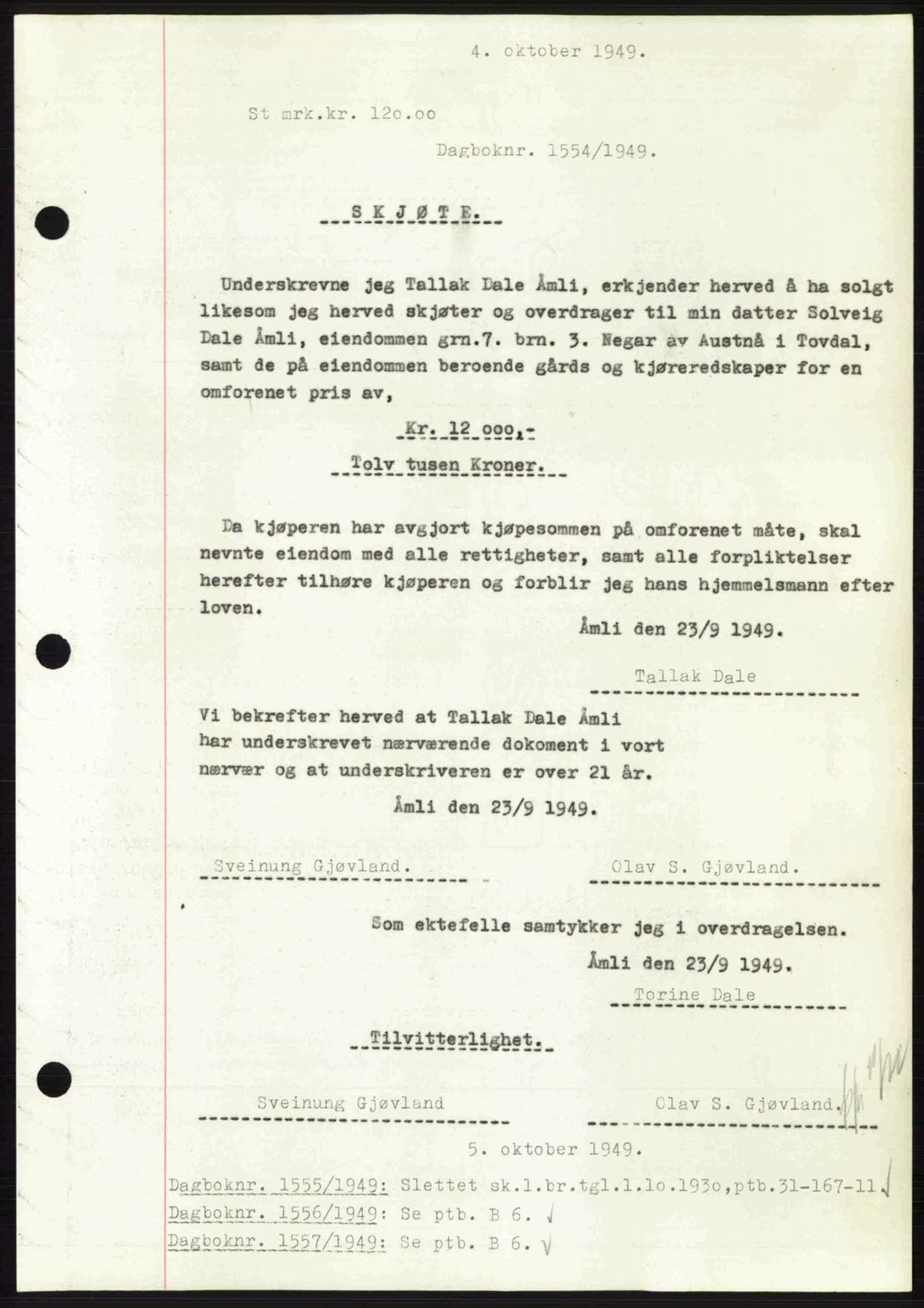 Nedenes sorenskriveri, SAK/1221-0006/G/Gb/Gba/L0061: Mortgage book no. A13, 1949-1949, Diary no: : 1554/1949