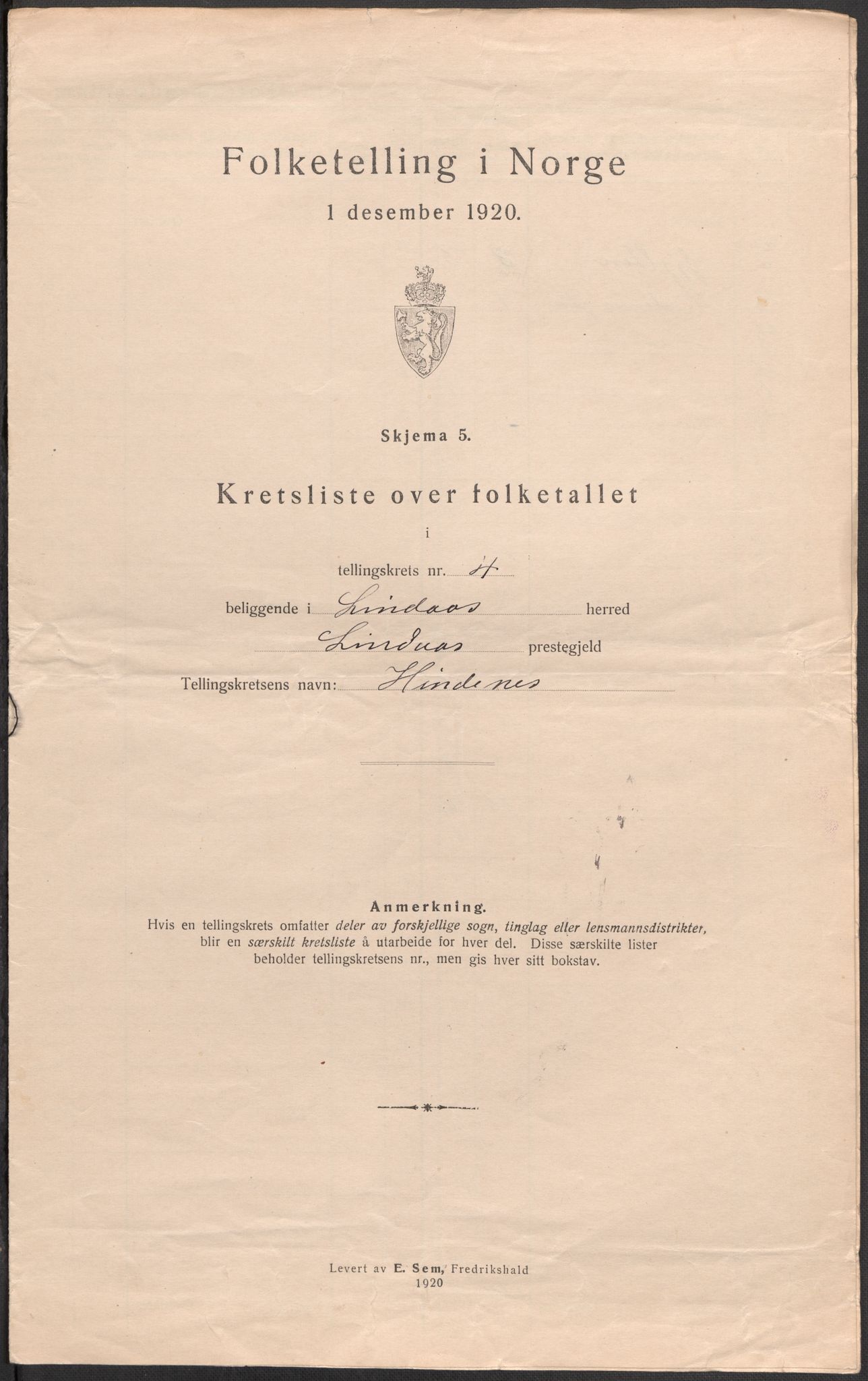 SAB, 1920 census for Lindås, 1920, p. 14