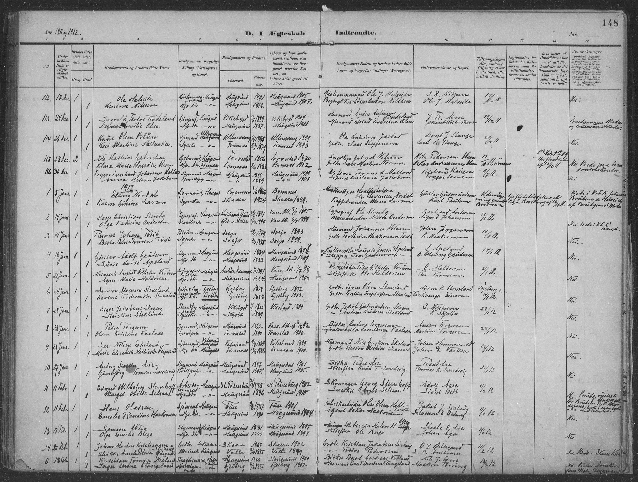 Haugesund sokneprestkontor, SAST/A -101863/H/Ha/Haa/L0007: Parish register (official) no. A 7, 1904-1916, p. 148
