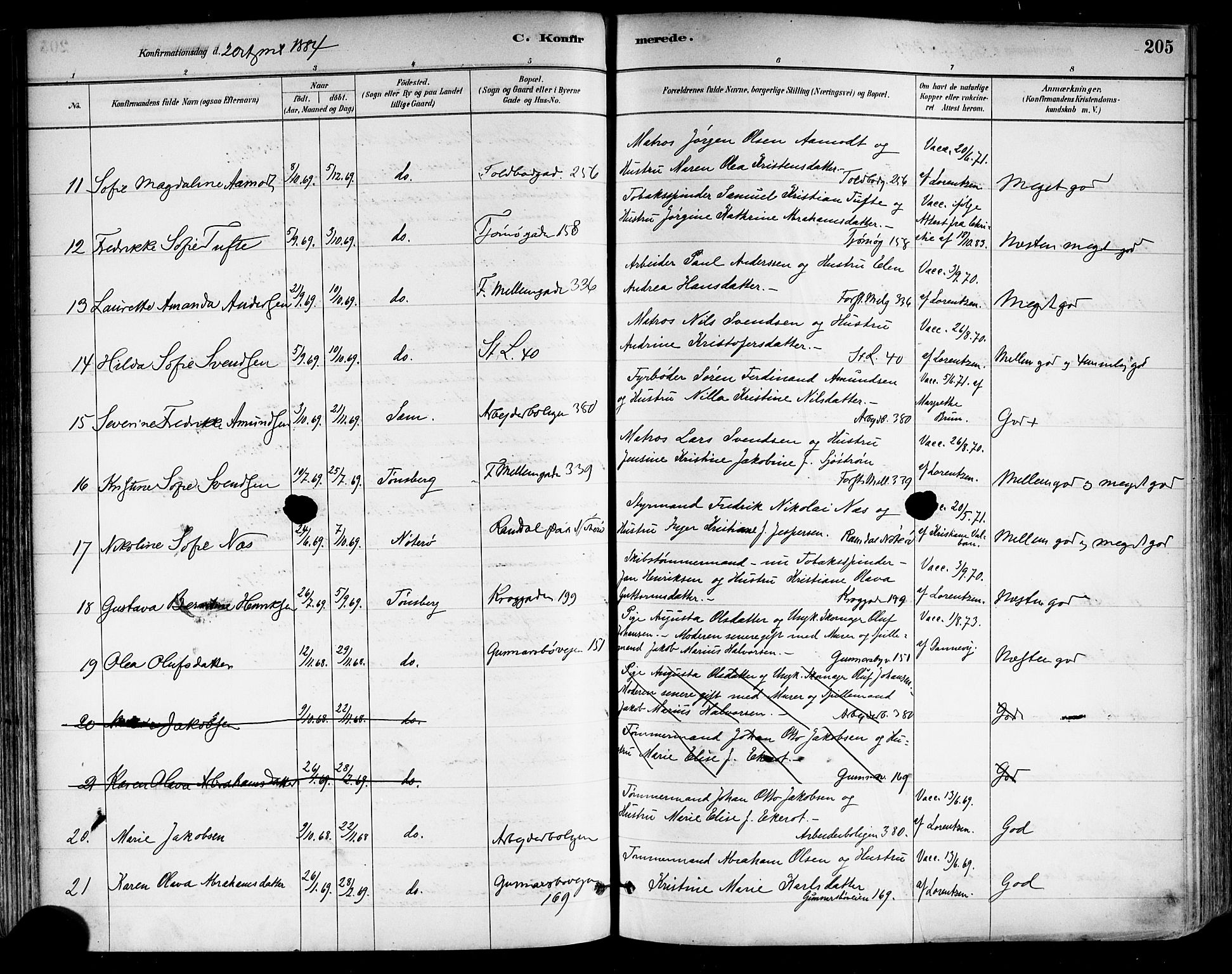 Tønsberg kirkebøker, AV/SAKO-A-330/F/Fa/L0011: Parish register (official) no. I 11, 1881-1890, p. 205