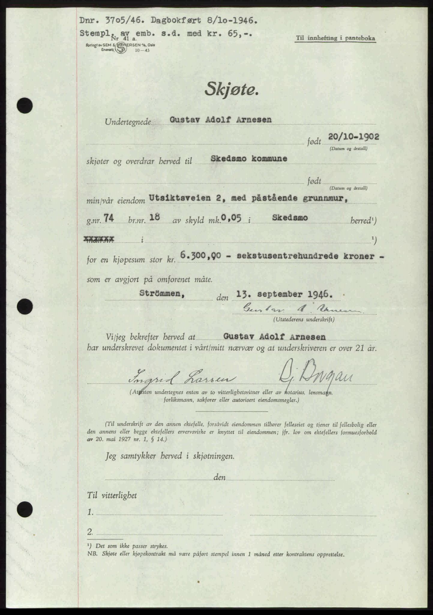 Nedre Romerike sorenskriveri, AV/SAO-A-10469/G/Gb/Gbd/L0017: Mortgage book no. 17, 1946-1946, Diary no: : 3705/1946