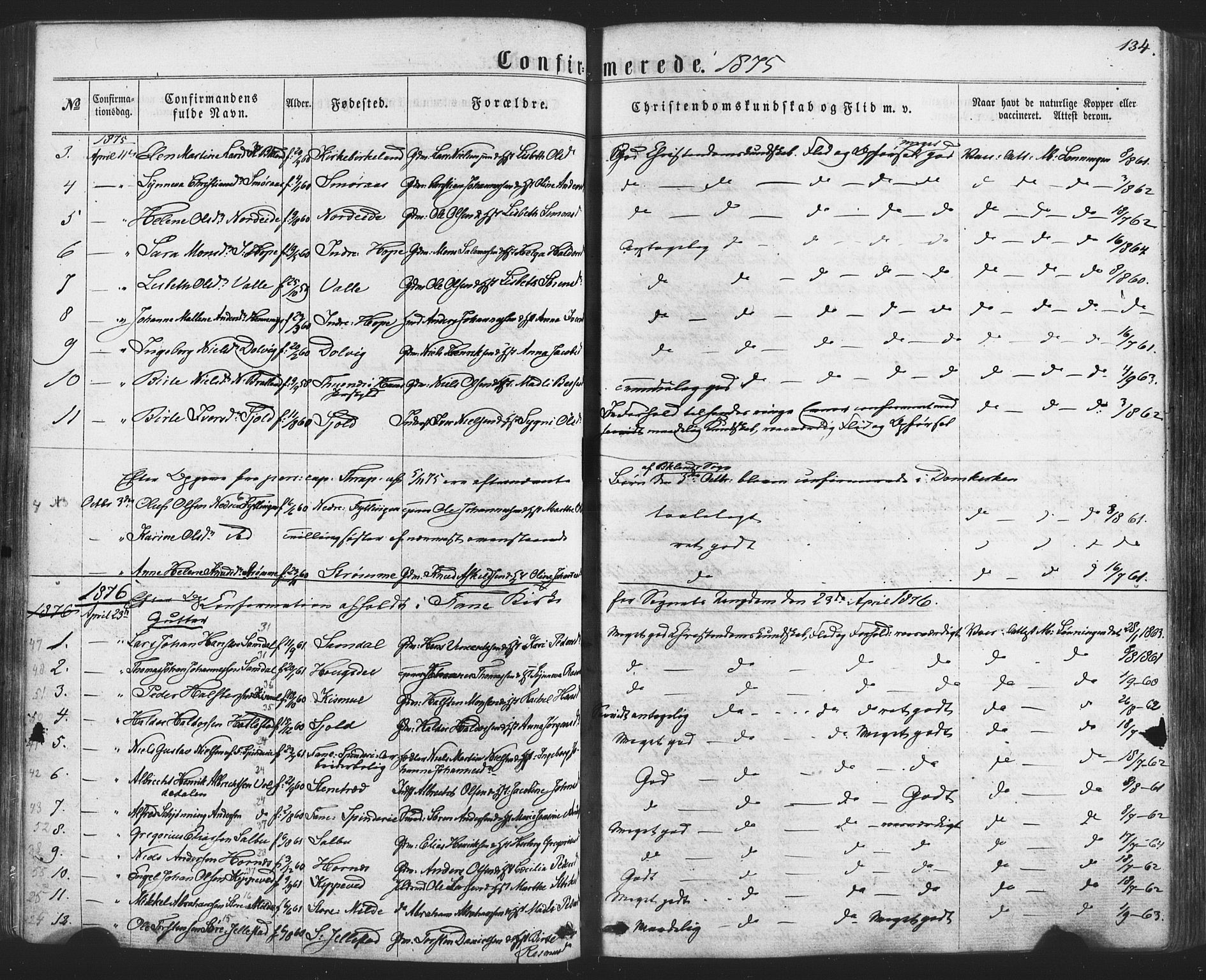 Fana Sokneprestembete, SAB/A-75101/H/Haa/Haaa/L0012: Parish register (official) no. A 12, 1862-1878, p. 134