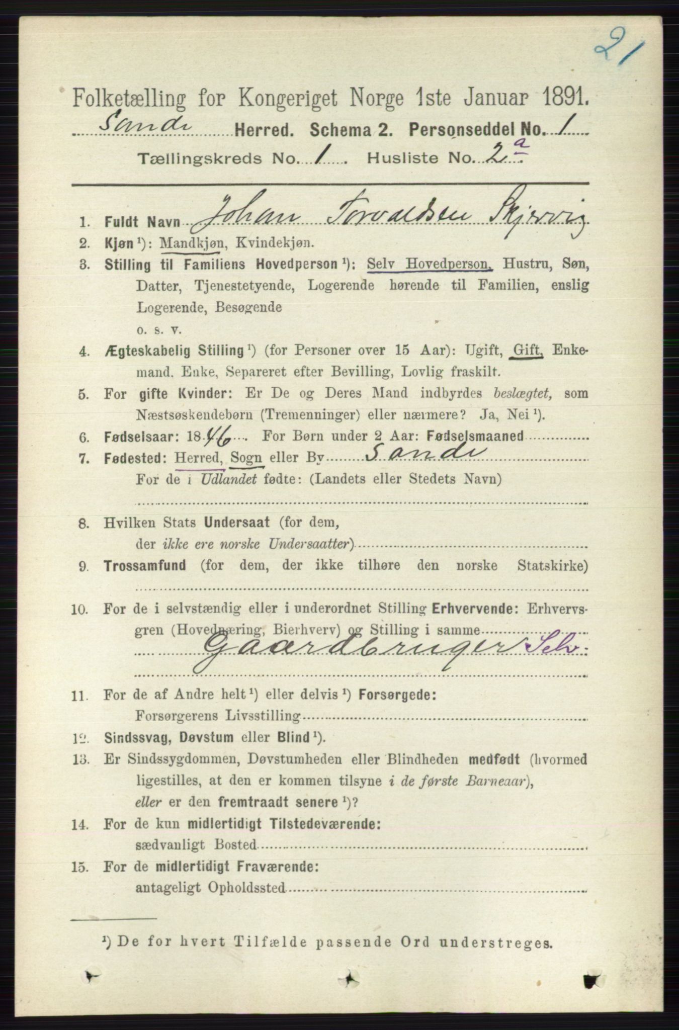 RA, 1891 census for 0713 Sande, 1891, p. 105