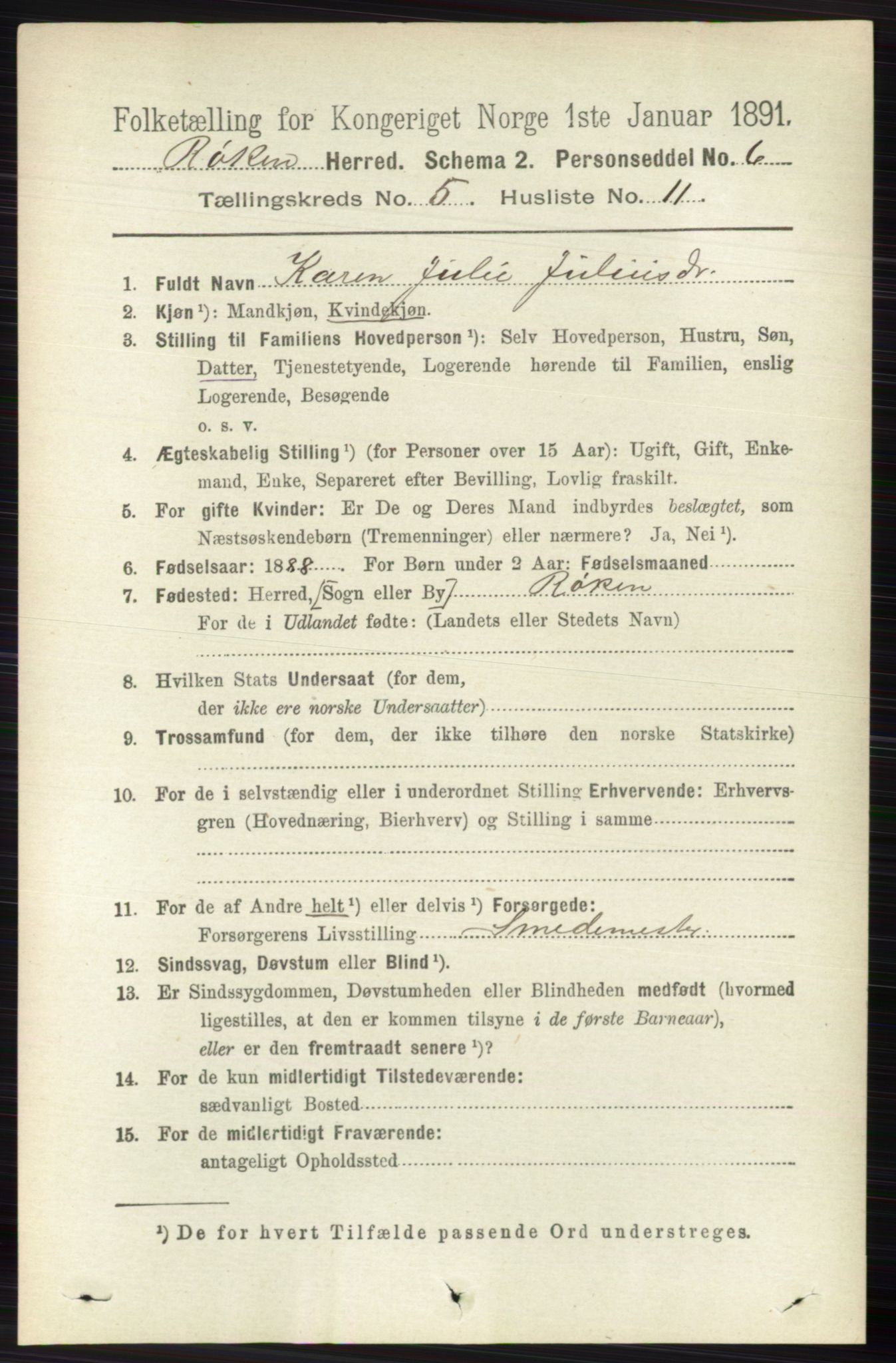 RA, 1891 census for 0627 Røyken, 1891, p. 2945
