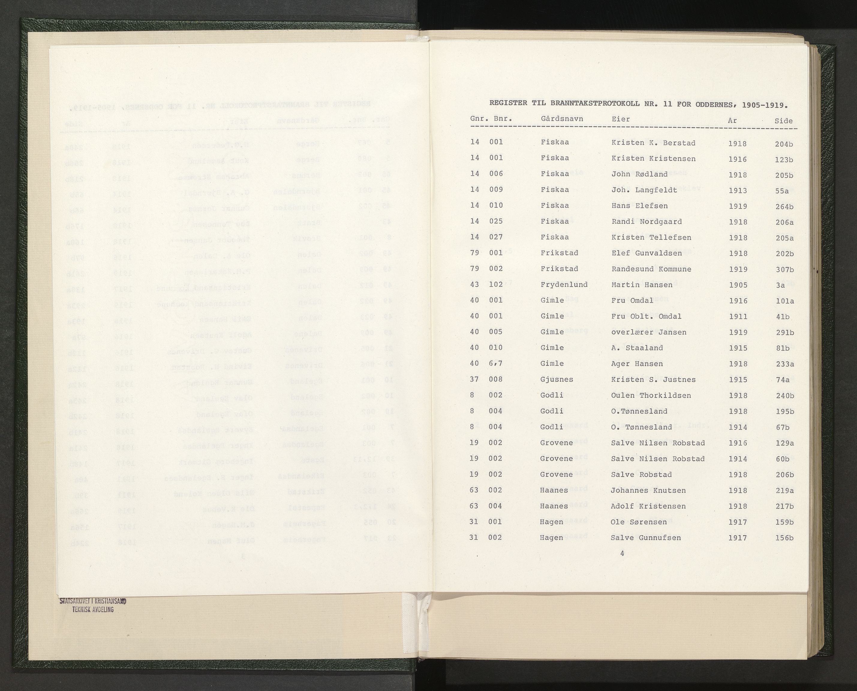 Norges Brannkasse Oddernes, AV/SAK-2241-0042/F/Fa/L0011: Branntakstprotokoll nr. 11 med gårdsnavnregister, 1905-1919