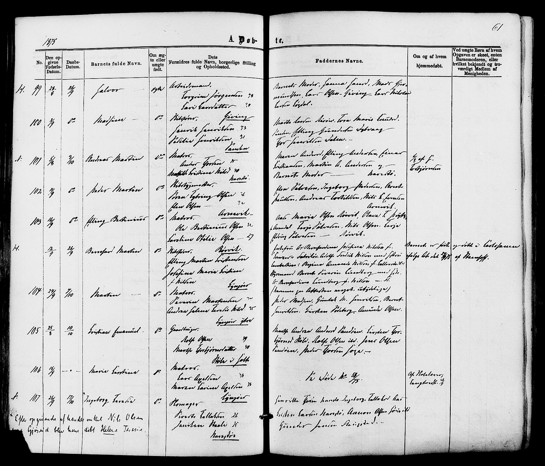 Dypvåg sokneprestkontor, AV/SAK-1111-0007/F/Fa/Faa/L0007: Parish register (official) no. A 7/ 1, 1872-1884, p. 61