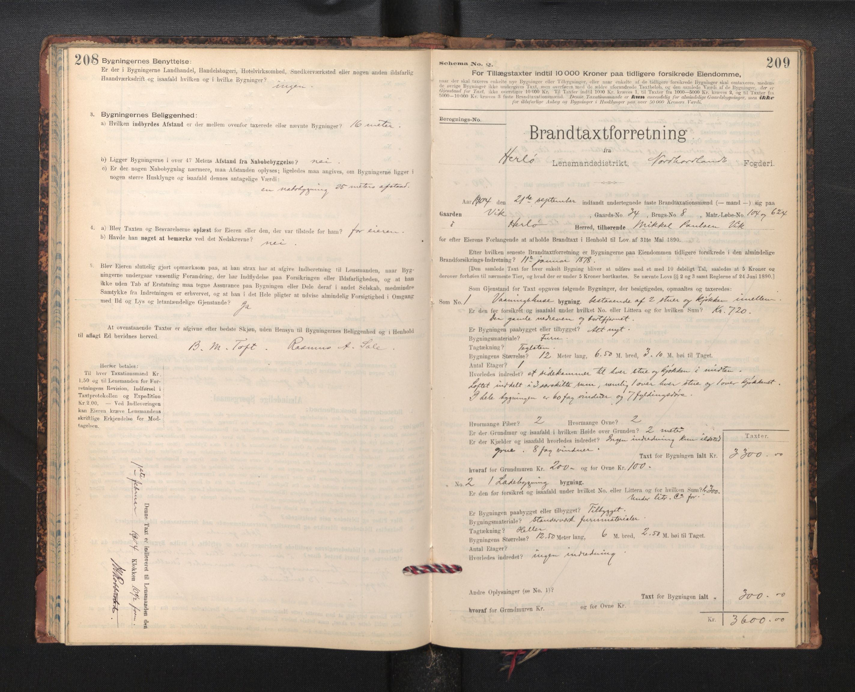 Lensmannen i Herdla, SAB/A-32901/0012/L0003:  Branntakstprotokoll skjematakst, 1897-1916, p. 208-209