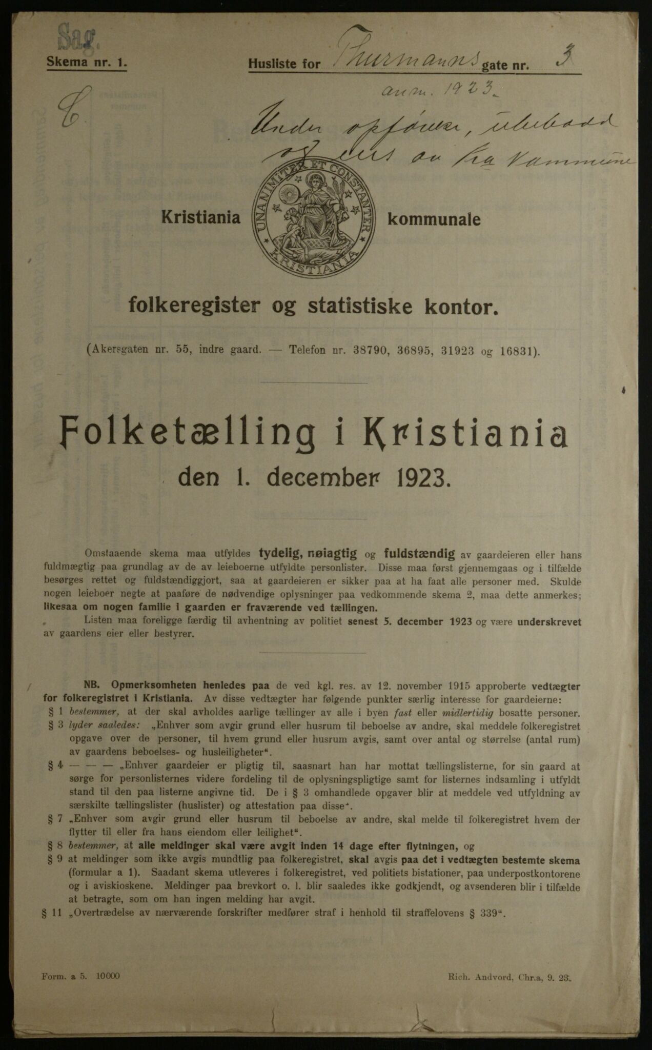 OBA, Municipal Census 1923 for Kristiania, 1923, p. 123002