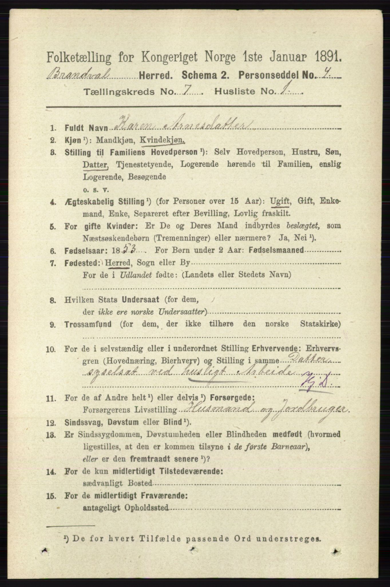 RA, 1891 census for 0422 Brandval, 1891, p. 3328