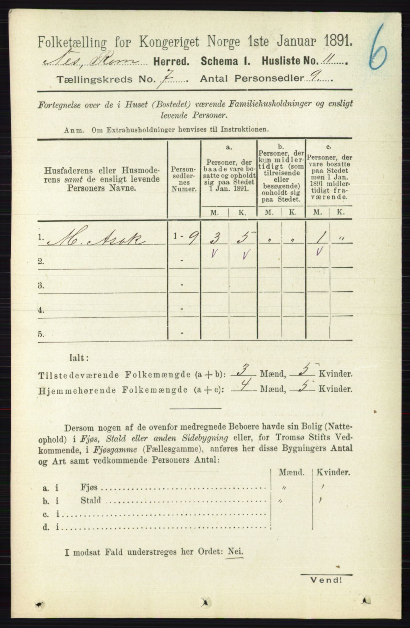 RA, 1891 census for 0236 Nes, 1891, p. 3952