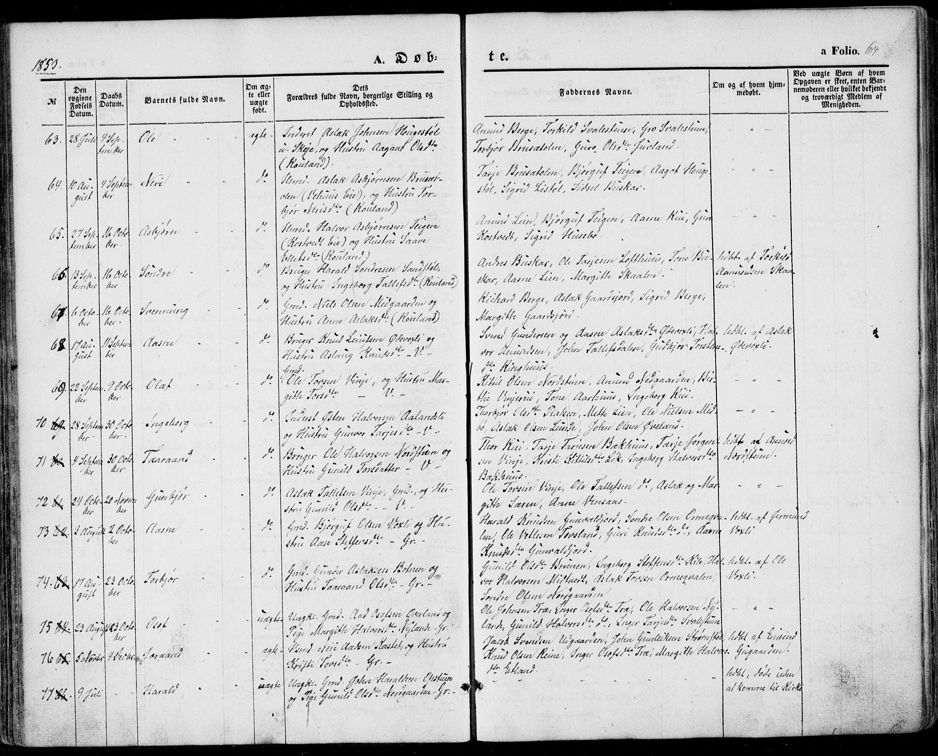 Vinje kirkebøker, SAKO/A-312/F/Fa/L0004: Parish register (official) no. I 4, 1843-1869, p. 64