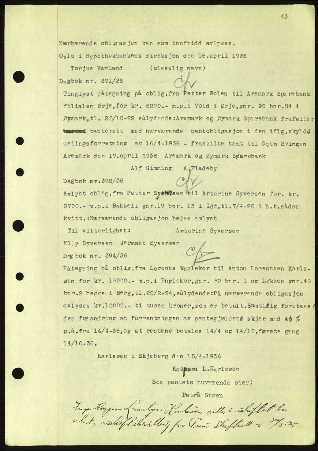 Idd og Marker sorenskriveri, AV/SAO-A-10283/G/Gb/Gbc/L0001: Mortgage book no. B1-3, 1936-1939, Diary no: : 391/1936