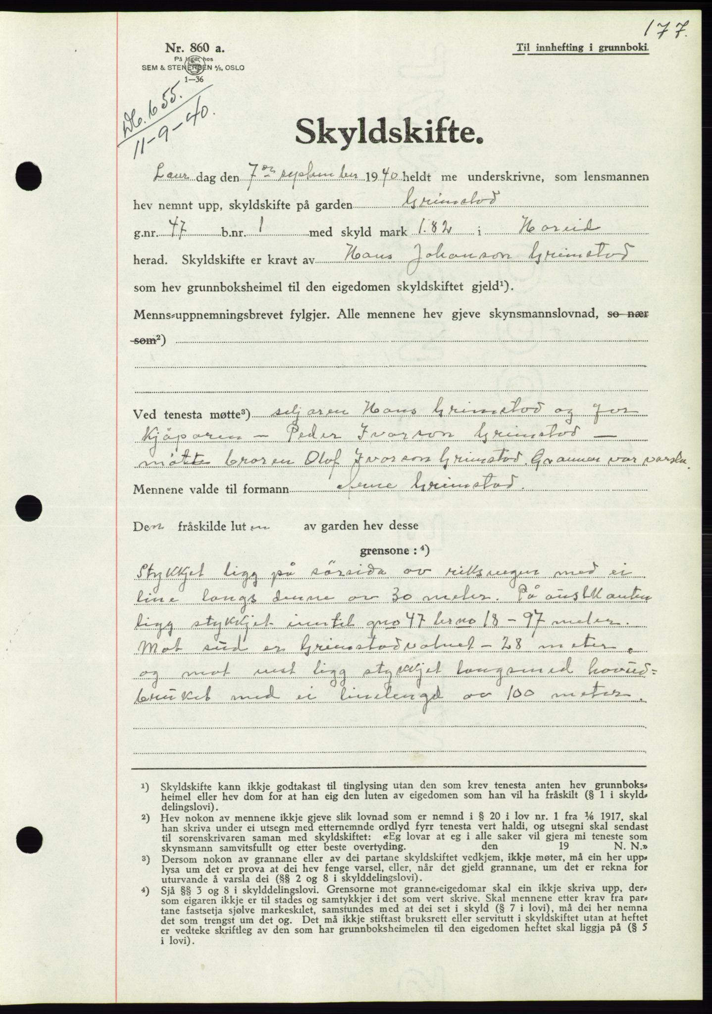 Søre Sunnmøre sorenskriveri, AV/SAT-A-4122/1/2/2C/L0070: Mortgage book no. 64, 1940-1941, Diary no: : 655/1940