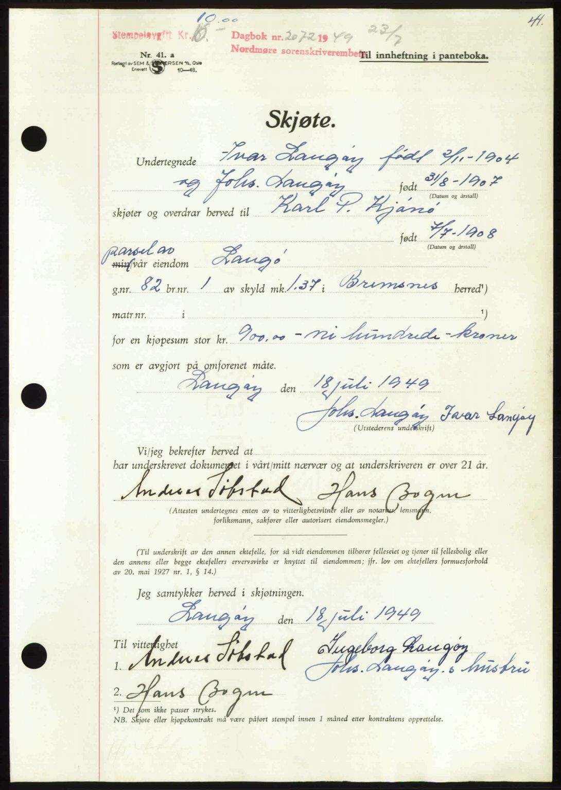 Nordmøre sorenskriveri, AV/SAT-A-4132/1/2/2Ca: Mortgage book no. A112, 1949-1949, Diary no: : 2072/1949