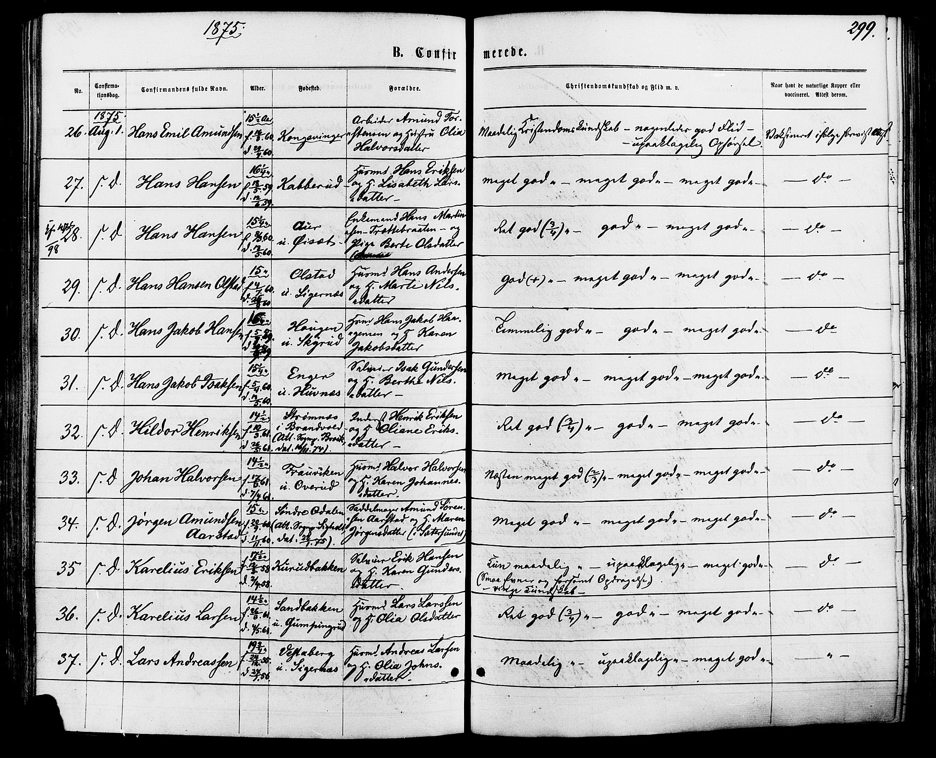 Vinger prestekontor, AV/SAH-PREST-024/H/Ha/Haa/L0012: Parish register (official) no. 12, 1871-1880, p. 299