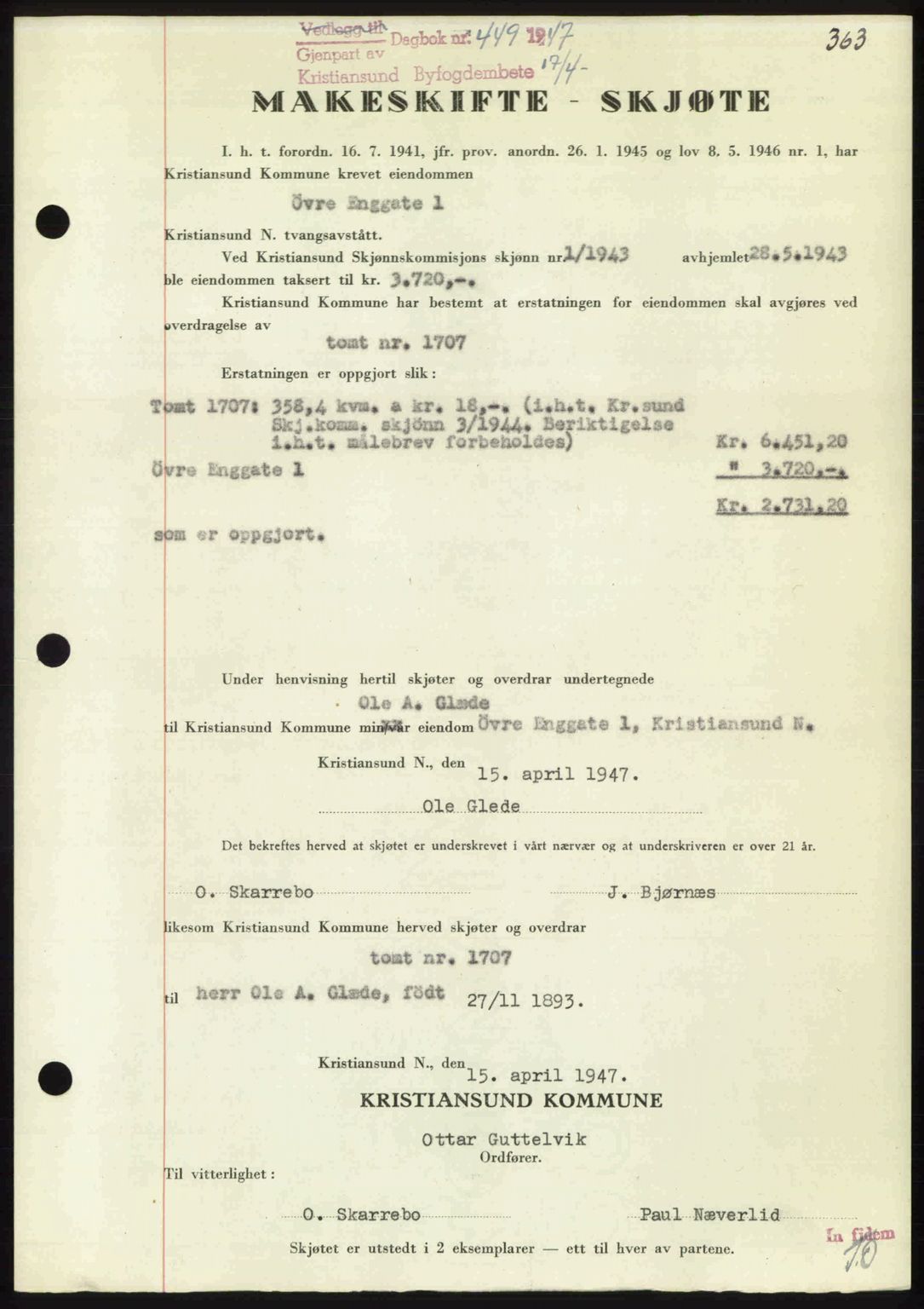 Kristiansund byfogd, AV/SAT-A-4587/A/27: Mortgage book no. 39b, 1946-1947, Diary no: : 449/1947