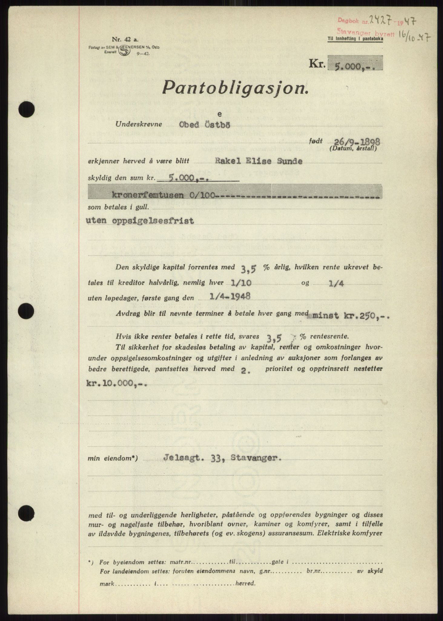 Stavanger byrett, SAST/A-100455/002/G/Gb/L0032: Mortgage book, 1947-1950, Diary no: : 2427/1947