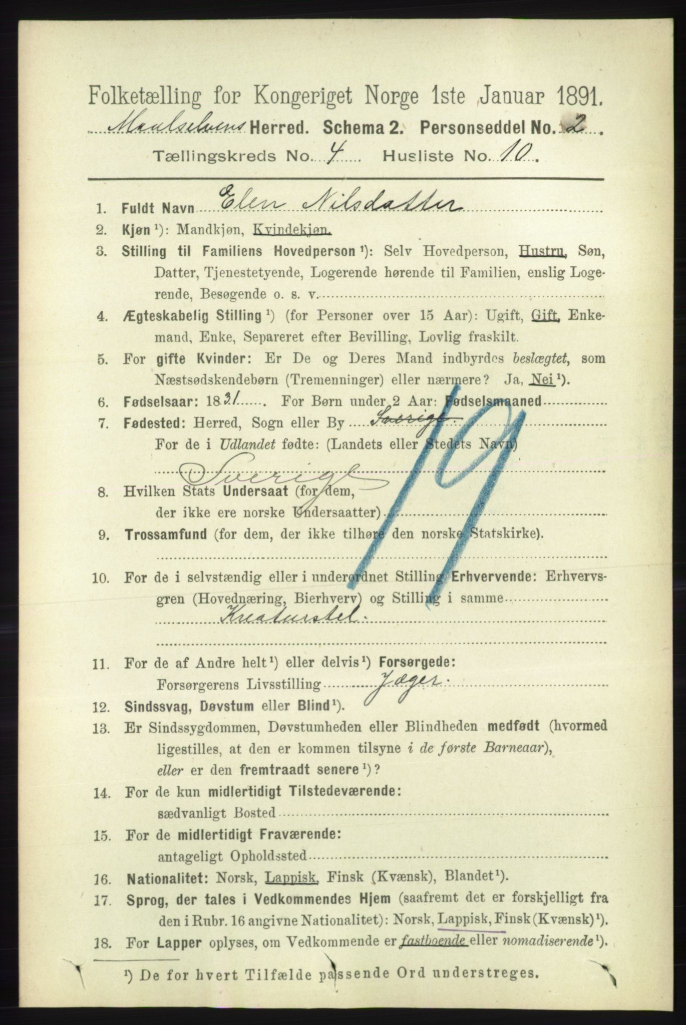 RA, 1891 census for 1924 Målselv, 1891, p. 1143