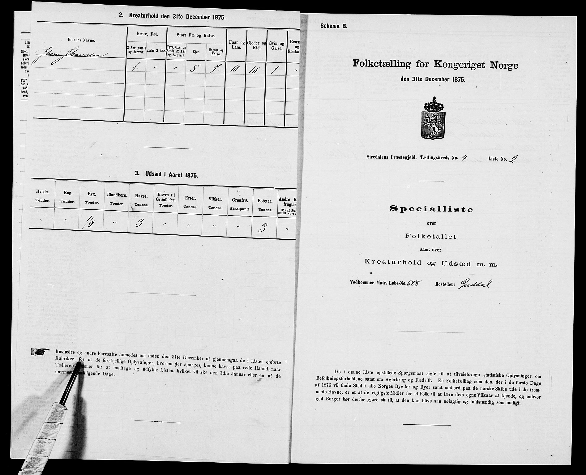 SAK, 1875 census for 1046P Sirdal, 1875, p. 337