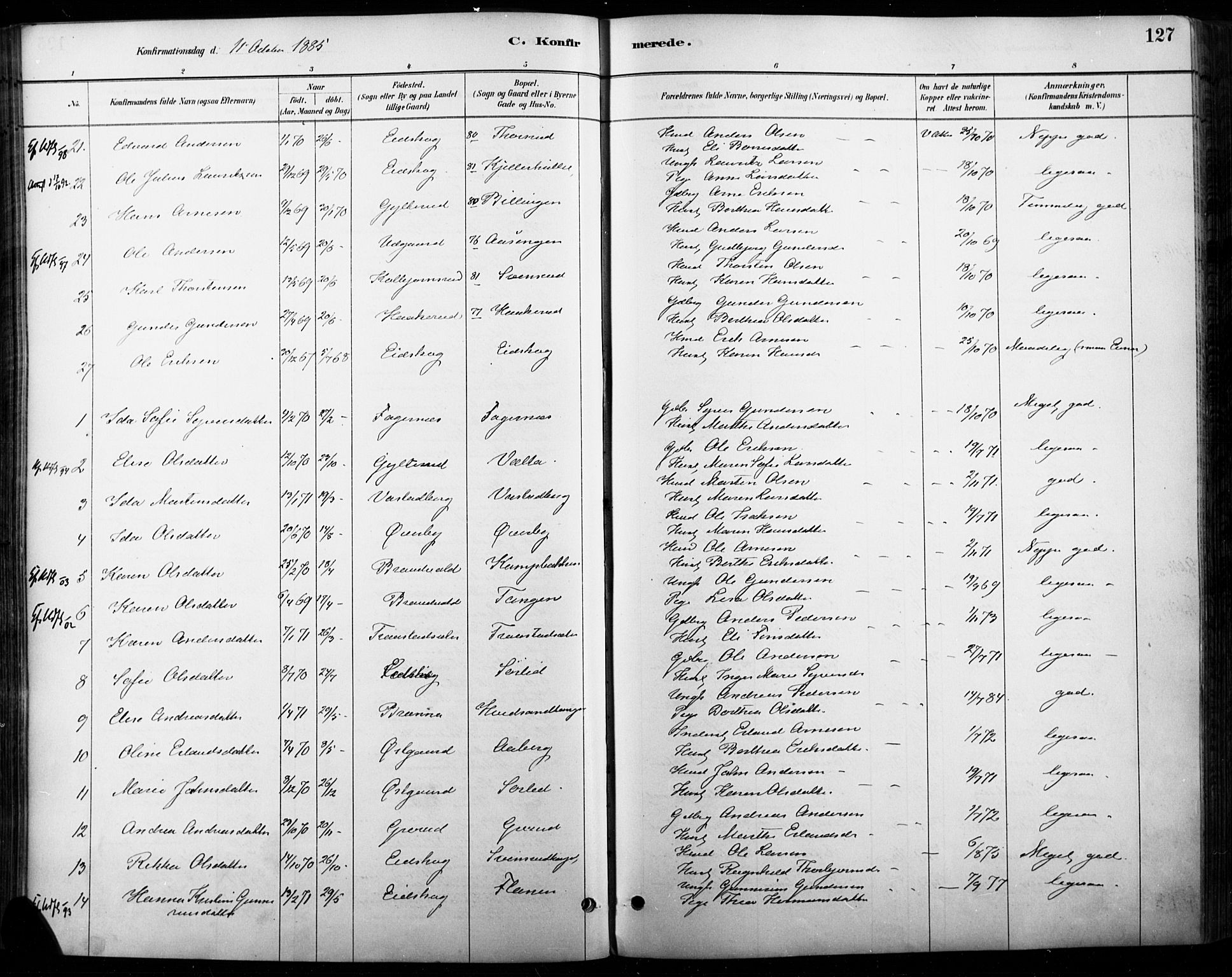 Vinger prestekontor, AV/SAH-PREST-024/H/Ha/Haa/L0015: Parish register (official) no. 15, 1881-1900, p. 127