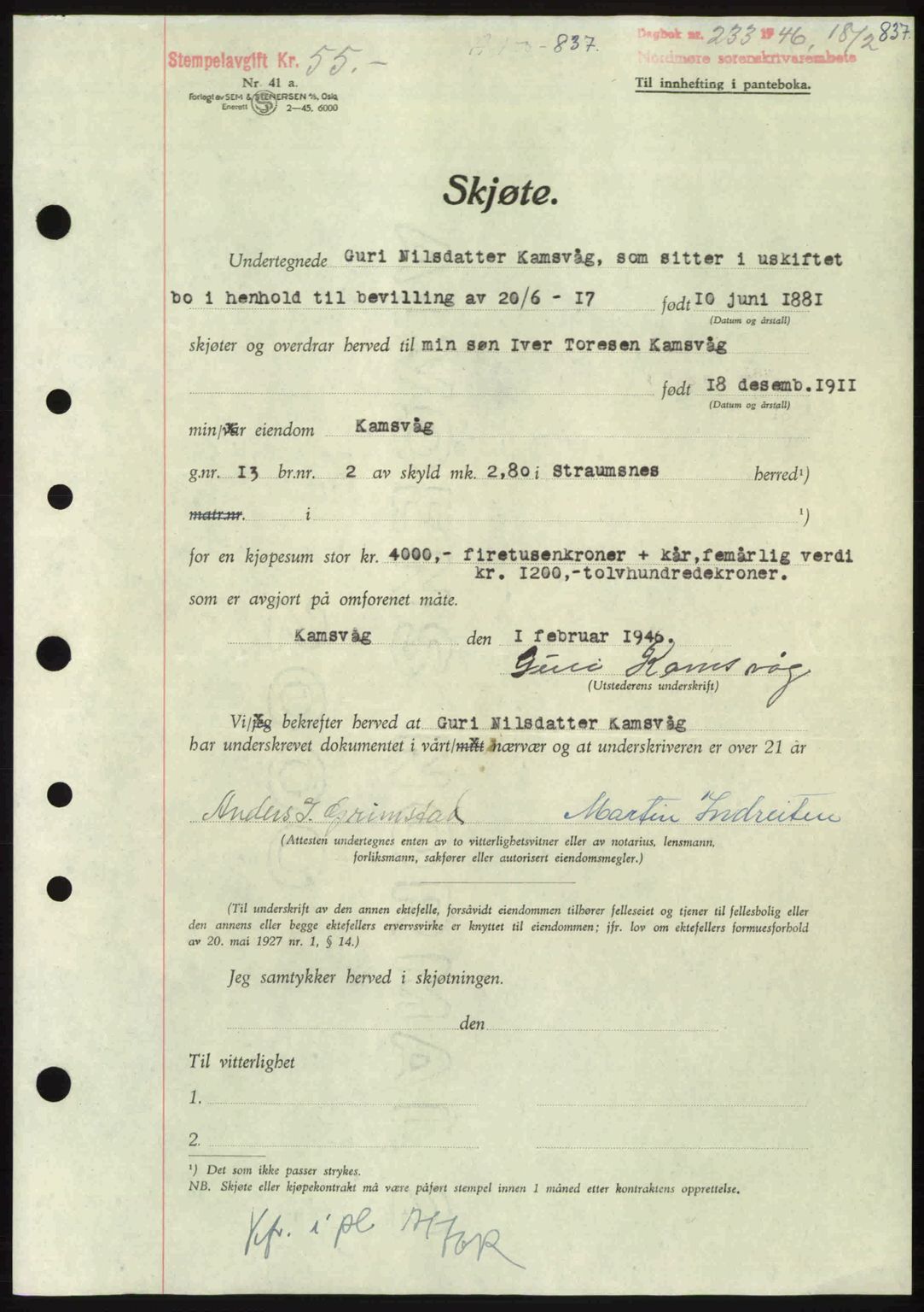 Nordmøre sorenskriveri, AV/SAT-A-4132/1/2/2Ca: Mortgage book no. A100b, 1946-1946, Diary no: : 233/1946