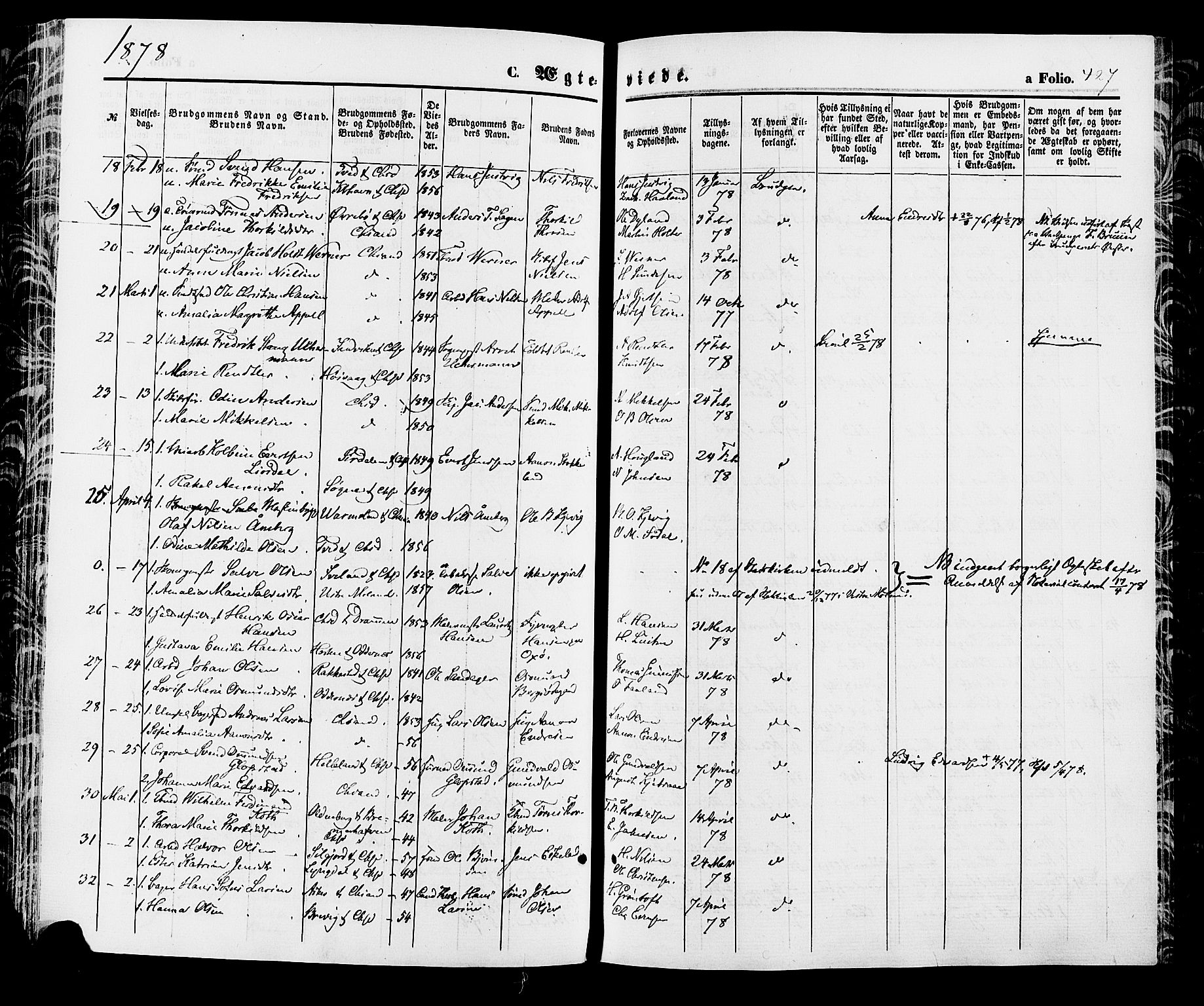 Kristiansand domprosti, SAK/1112-0006/F/Fa/L0015: Parish register (official) no. A 15, 1867-1880, p. 427