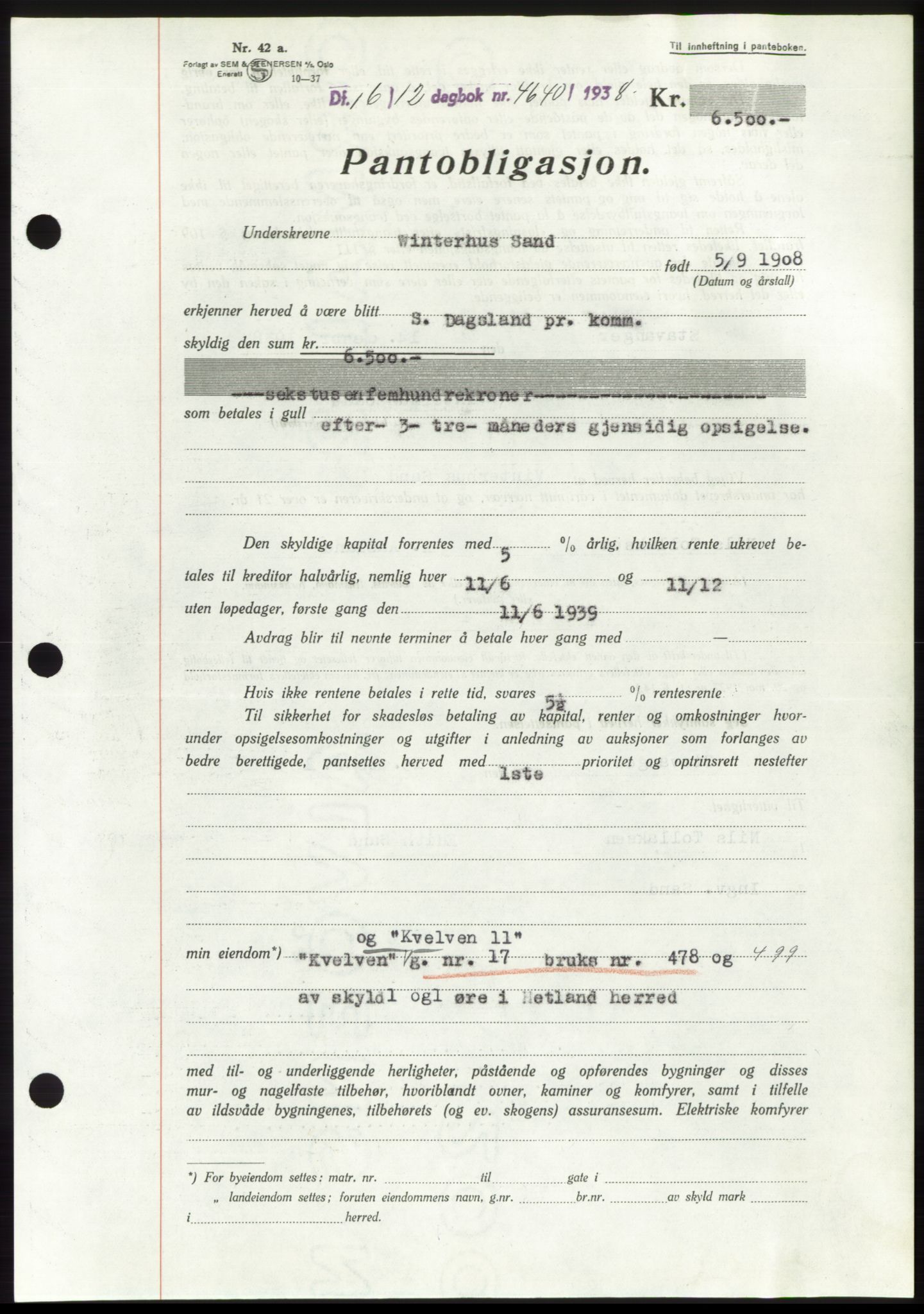 Jæren sorenskriveri, AV/SAST-A-100310/03/G/Gba/L0072: Mortgage book, 1938-1938, Diary no: : 4640/1938