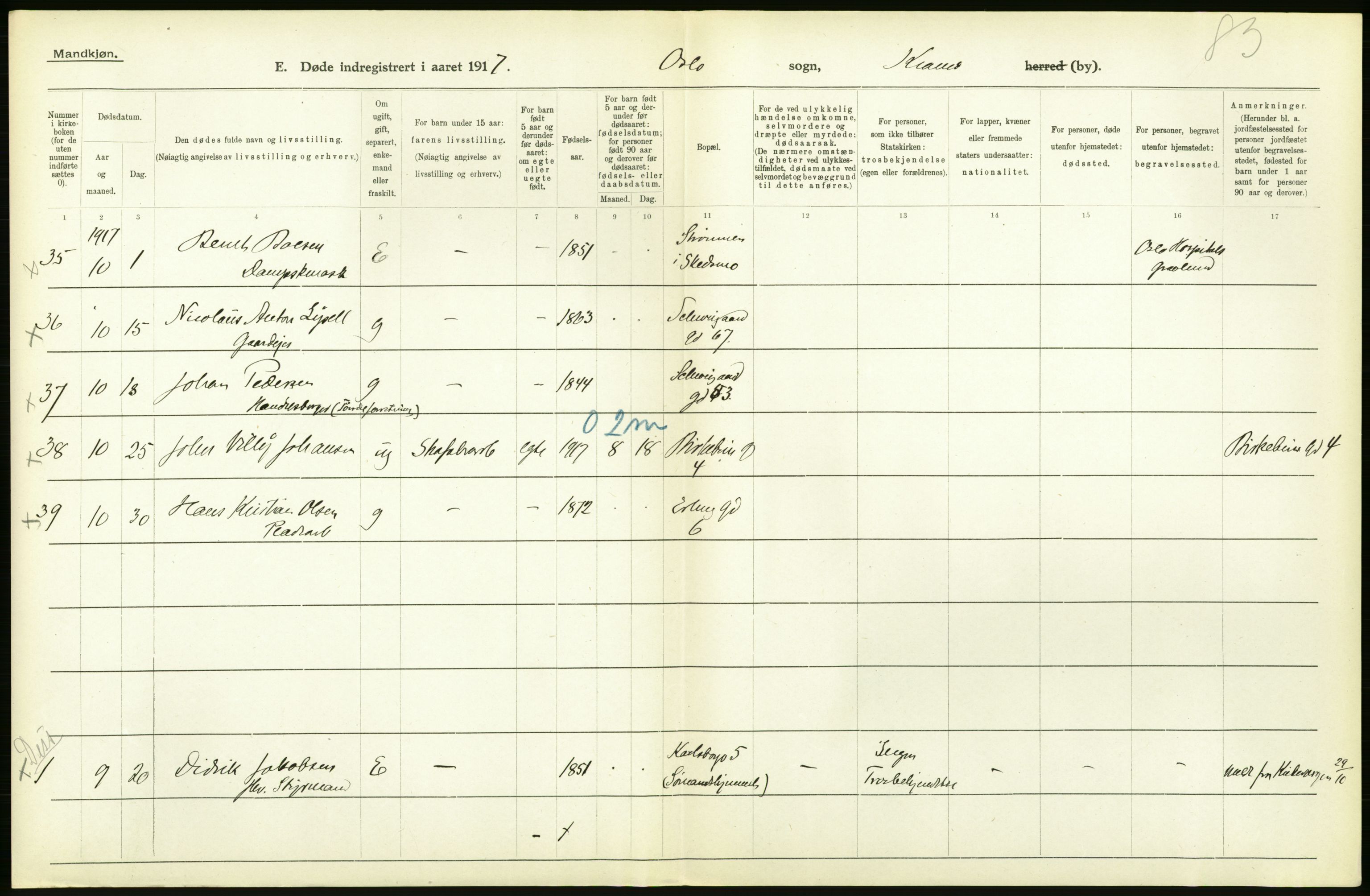 Statistisk sentralbyrå, Sosiodemografiske emner, Befolkning, RA/S-2228/D/Df/Dfb/Dfbg/L0011: Kristiania: Døde, dødfødte., 1917, p. 146