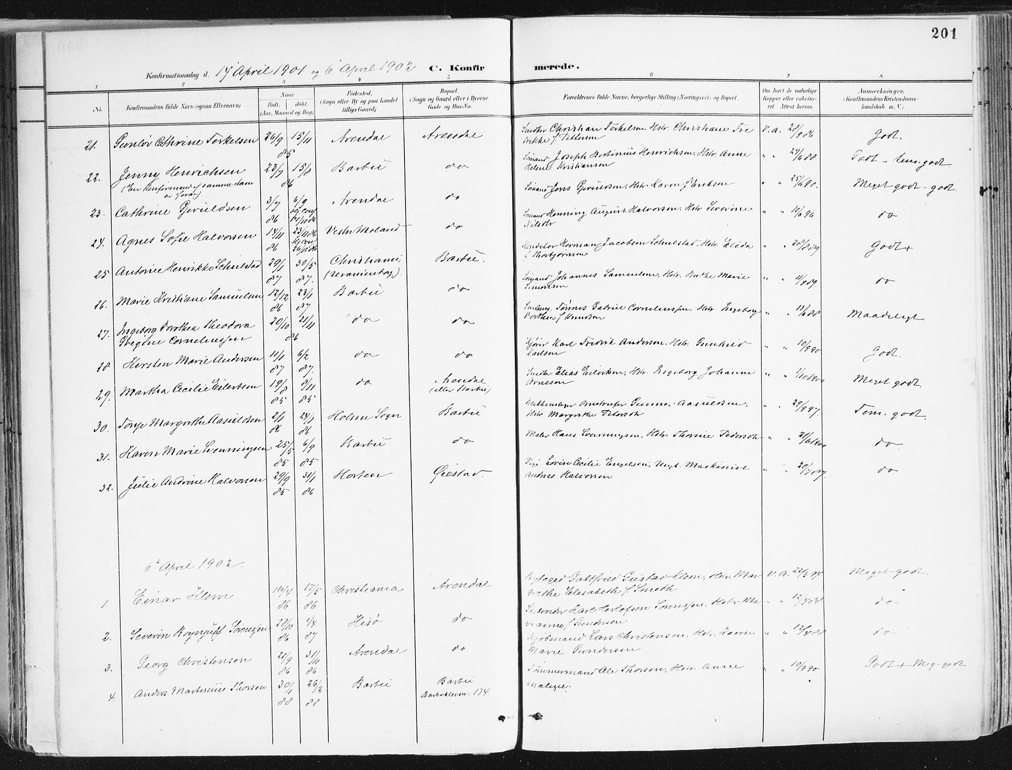 Arendal sokneprestkontor, Trefoldighet, SAK/1111-0040/F/Fa/L0010: Parish register (official) no. A 10, 1900-1919, p. 201