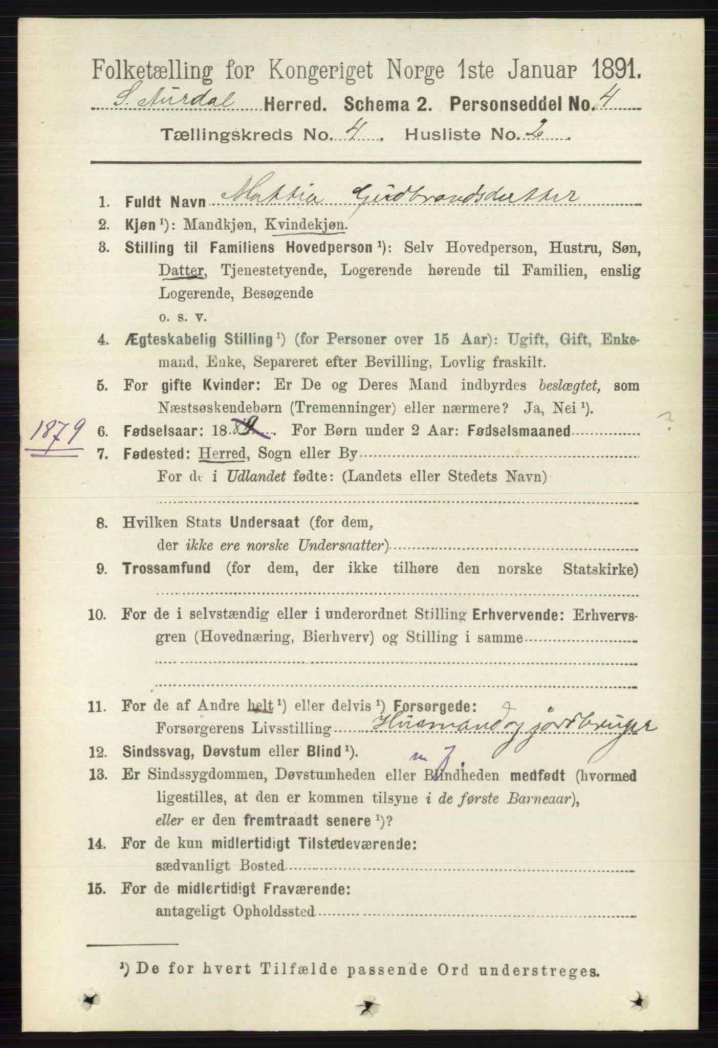 RA, 1891 census for 0540 Sør-Aurdal, 1891, p. 2405