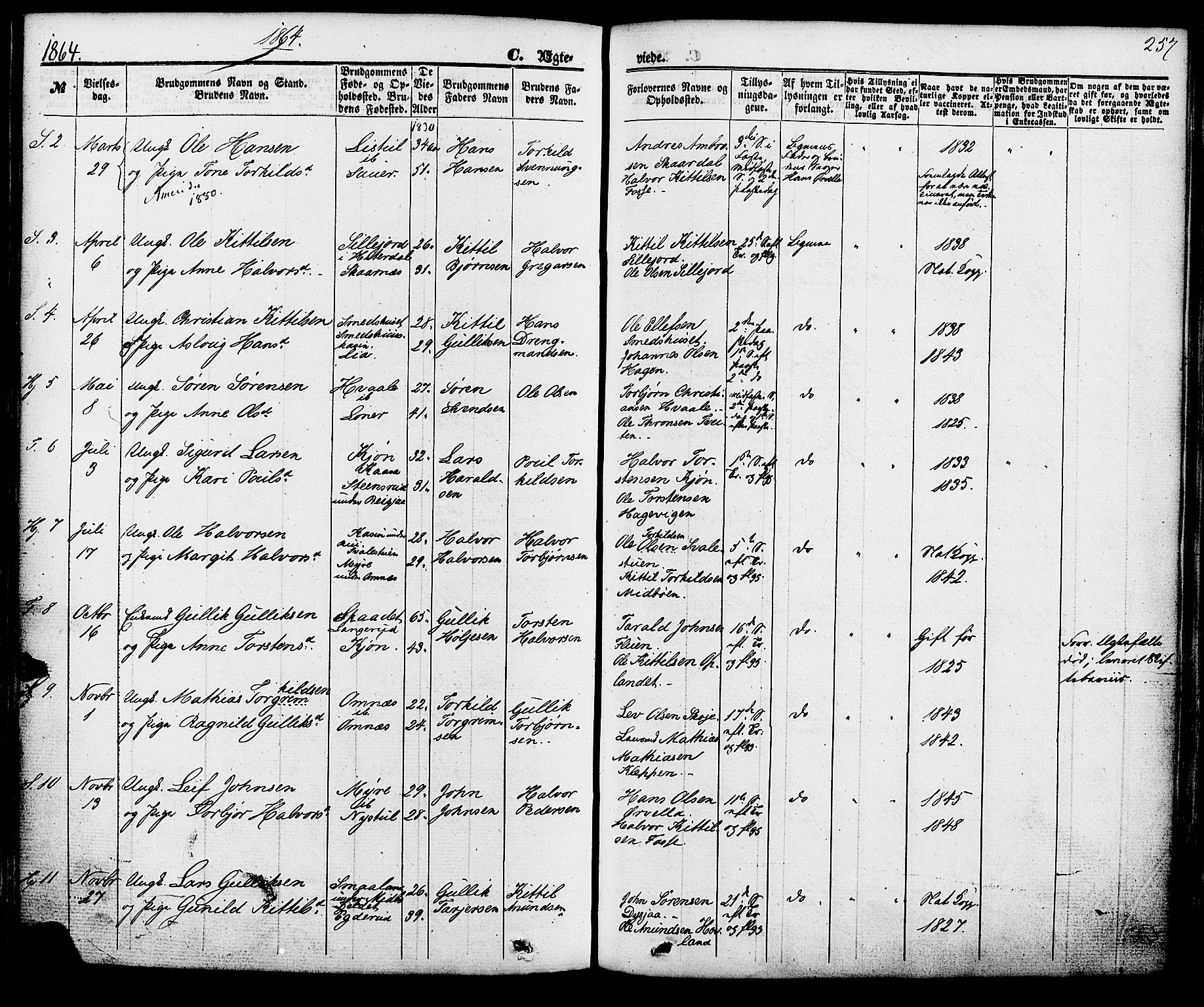 Hjartdal kirkebøker, SAKO/A-270/F/Fa/L0009: Parish register (official) no. I 9, 1860-1879, p. 257
