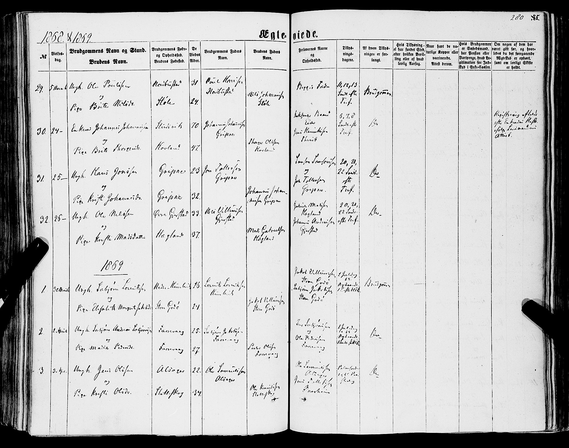 Tysnes sokneprestembete, SAB/A-78601/H/Haa: Parish register (official) no. A 11, 1860-1871, p. 280