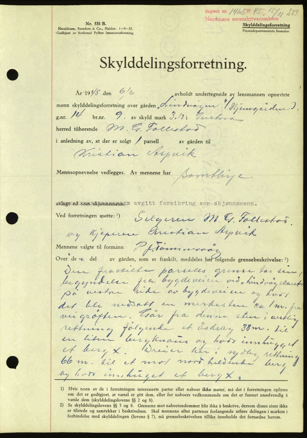 Nordmøre sorenskriveri, AV/SAT-A-4132/1/2/2Ca: Mortgage book no. A100a, 1945-1945, Diary no: : 1465/1945